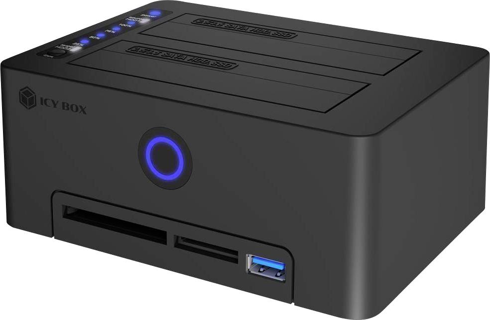 Schwarzes ICY BOX Dual-Bay-Festplattengehäuse mit blauen LED-Indikatoren, vorderer Stromschaltfläche und USB-3.0-Anschluss