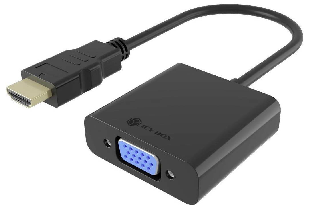 HDMI-auf-VGA-Adapterkabel mit schwarzem Konverterkasten und blauem VGA-Buchsenport.