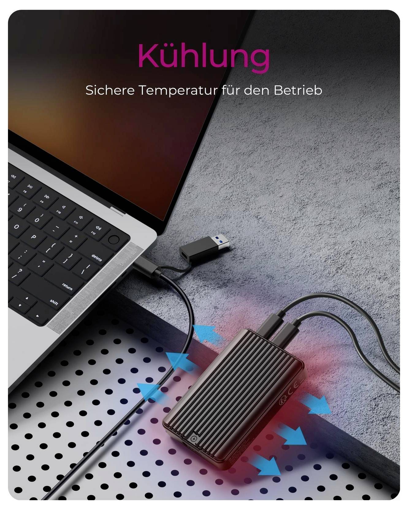 Laptop verbunden mit einem tragbaren Kühlgerät mit blauen Pfeilen, die Wärmeableitung anzeigen; Text liest „Kühlung
