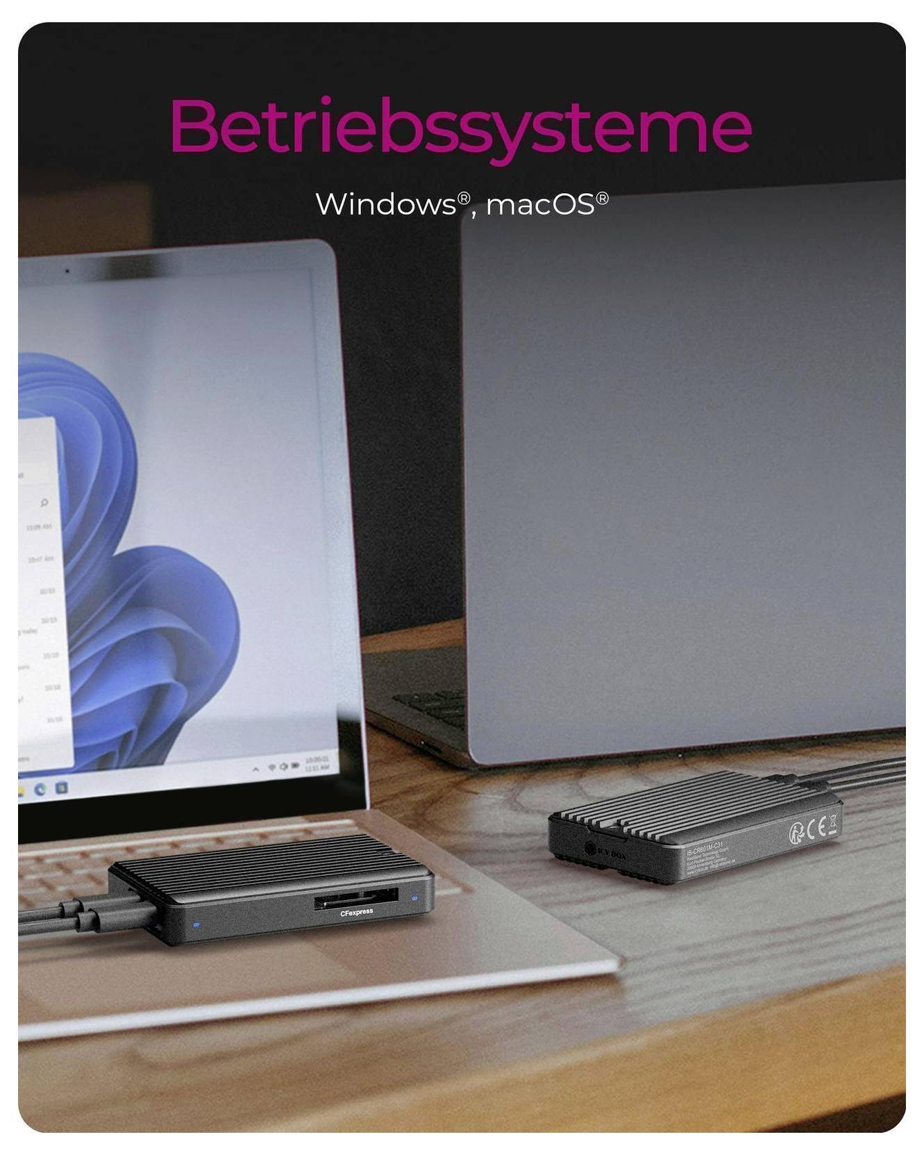 Ein Laptop und ein Monitor im Desktop-Stil stehen auf einem Schreibtisch mit kleinen externen Geräten davor; der Text lautet „Betriebssysteme