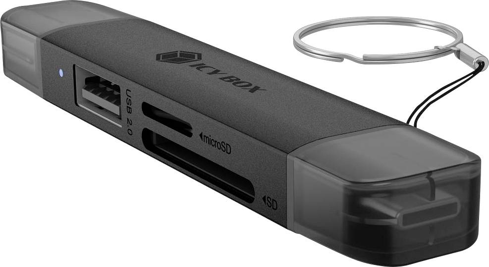 Kompakter schwarzer USB-Kartenleser mit USB-2.0-Anschluss, microSD- und SD-Kartensteckplätzen sowie einem Schlüsselring an einem Ende befestigt.