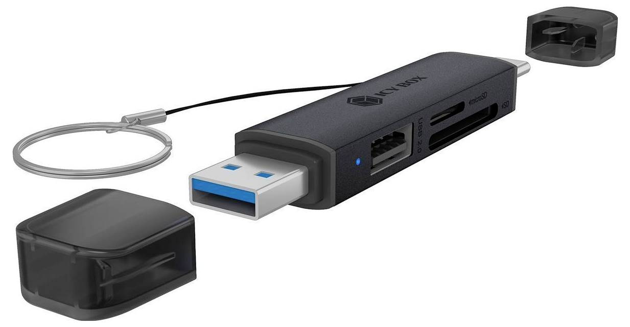 USB-Stick mit Schutzkappe und befestigtem Umhängeband, das ein kompaktes schwarzes USB-3.0-Gerät mit entfernter Kappe zeigt