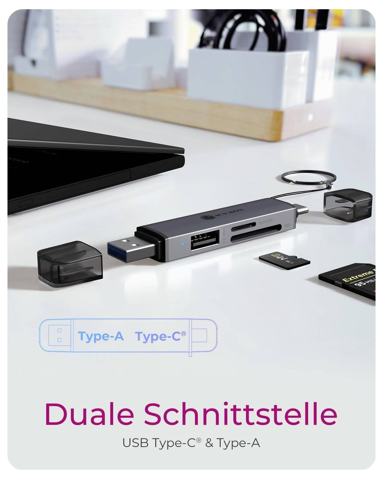 ICY BOX IB-CR203-CU3 Externer Speicherkartenleser USB-A (USB 3.2 Gen 1), USB-C® (USB 3.2 Gen 1), USB-A (USB 2.0) Schwarz