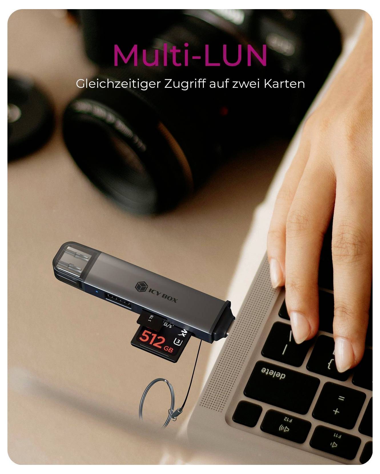 Multi-LUN-USB-Kartenleser in einen Laptop mit einer 512-GB-Karte eingesteckt; Text liest 