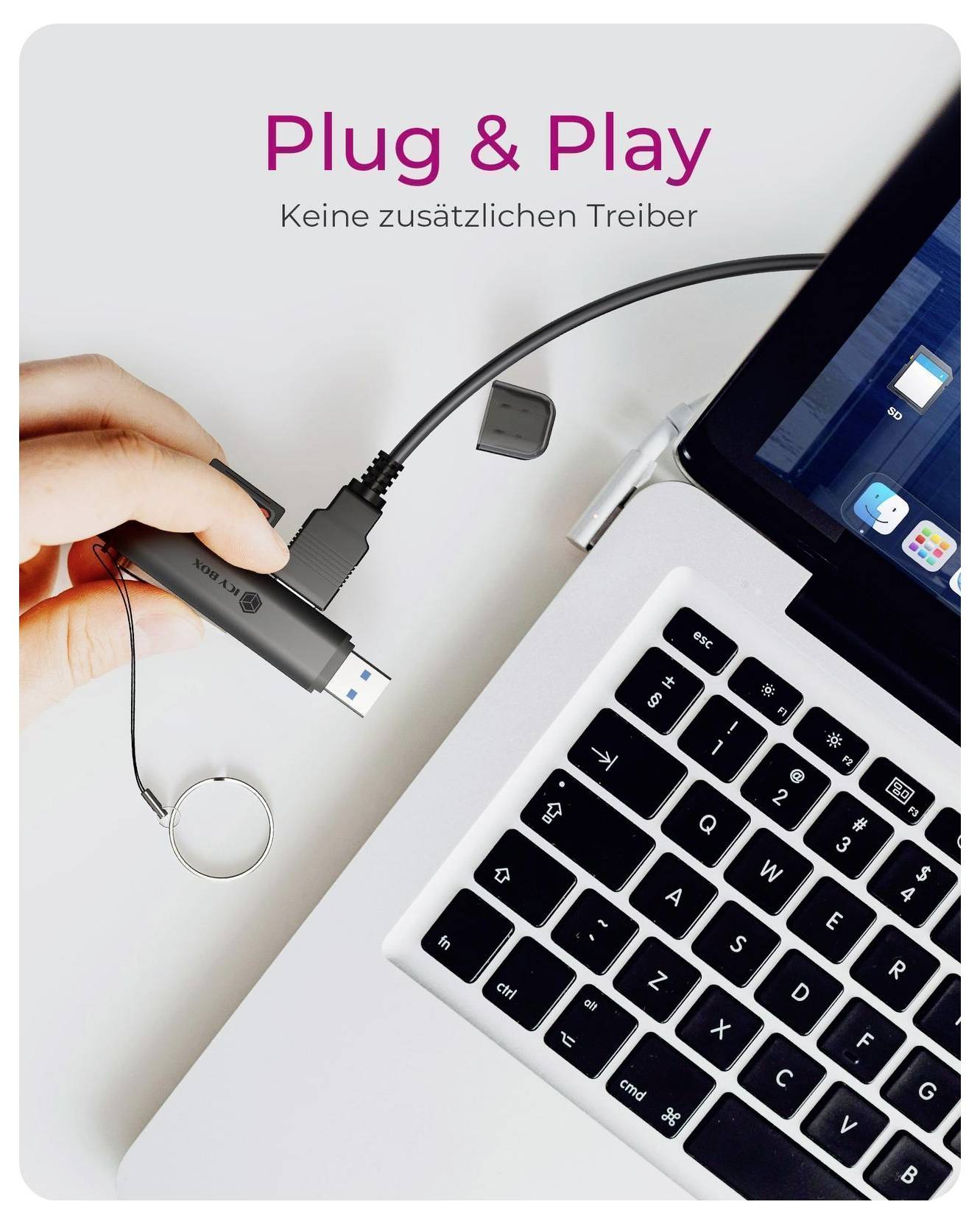 Hand, die ein USB-Gerät in einen Laptop einsteckt, mit dem Text 