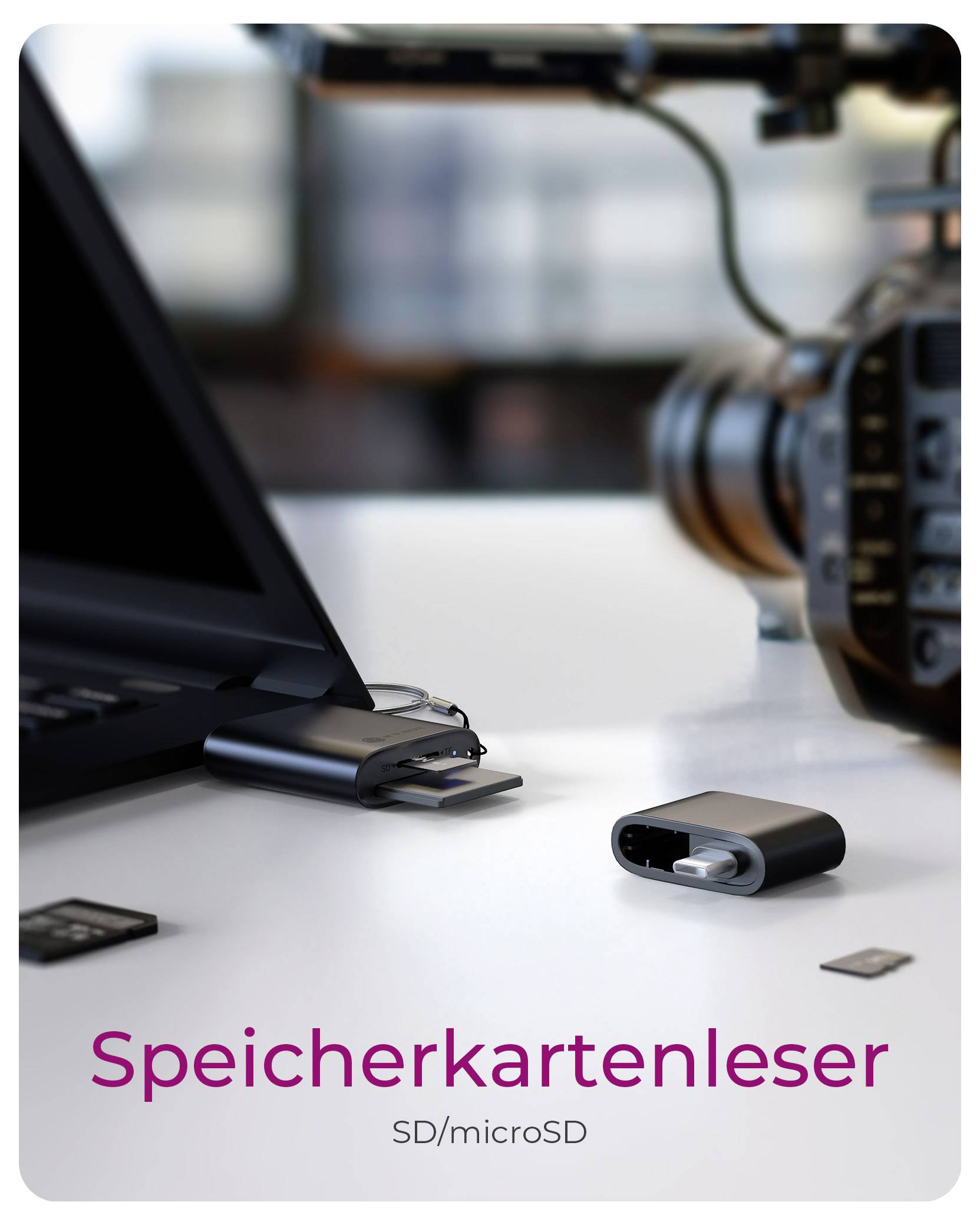 USB-Speicherkartenleser mit SD-/microSD-Unterstützung neben einem Laptop und einer Kamera; Text lautet „Speicherkartenleser