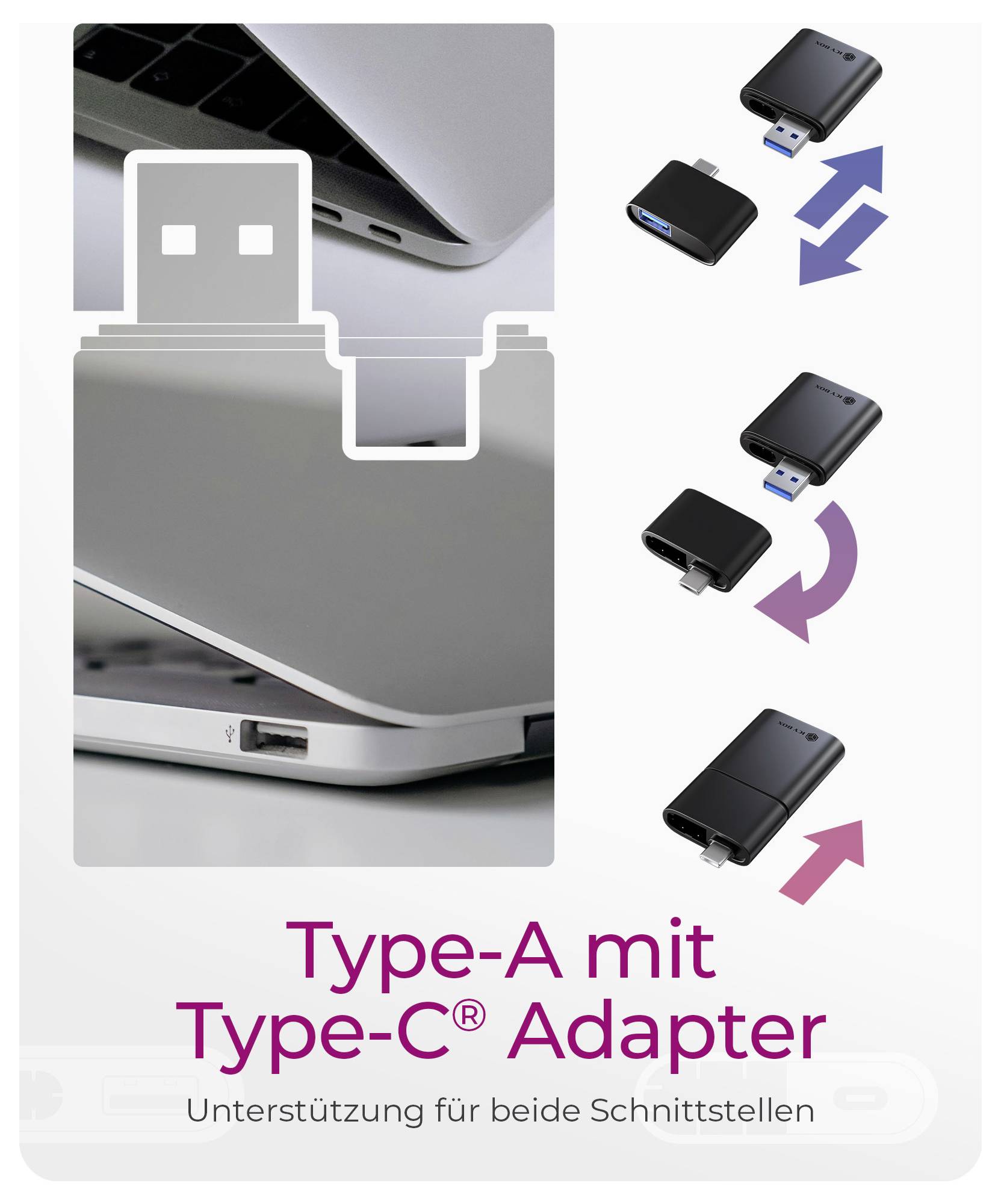 Grafik zeigt einen USB-Adapter von Typ A zu Typ C, mit Diagrammen, die andeuten, dass er in beiden Ausrichtungen funktioniert; Text lautet „Typ-A mit Typ-C® Adapter