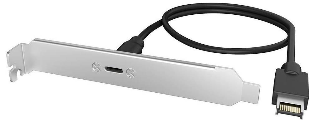 Interner PCIe-Adapterbracket mit angebrachtem Kabel und kleinem Boardstecker, auf weißem Hintergrund dargestellt.