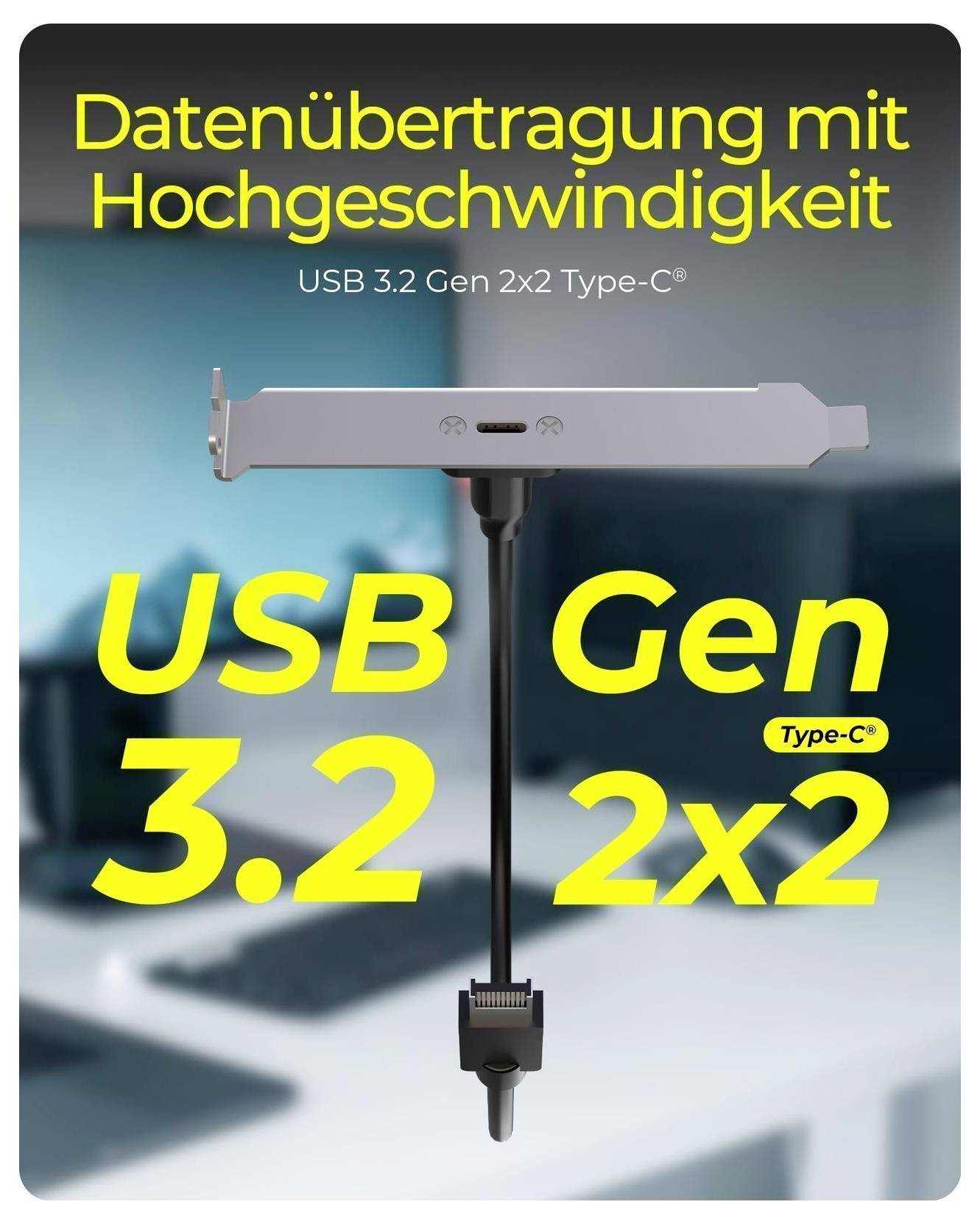 Promotional graphic for 'USB 3.2 Gen 2x2 Type-C' showing a USB-C cable and connector with German text about high-speed data transfer.