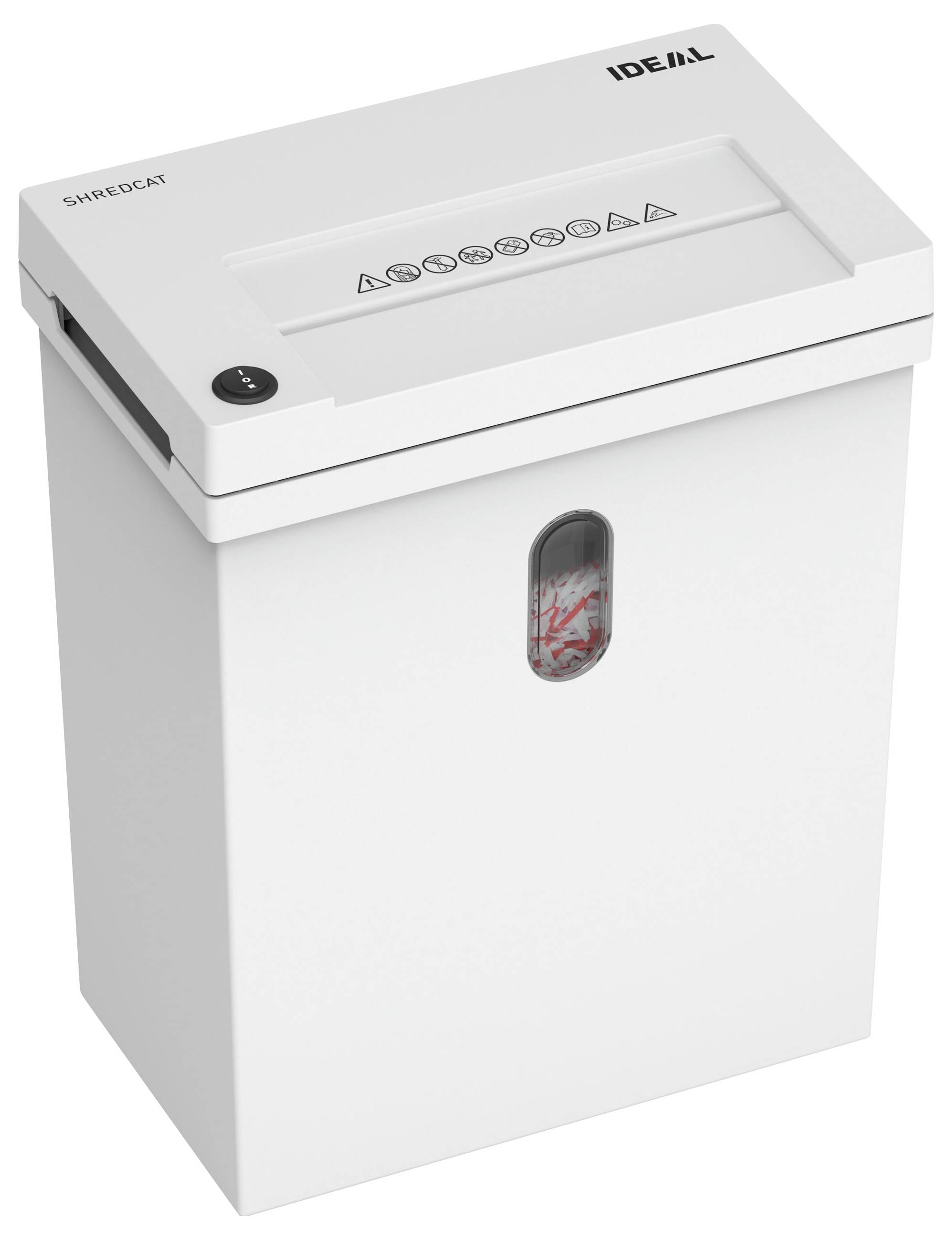 Weißer IDEAL Shredcat Papierschredder mit Behälter, Obenfütterungsschlitz und kleinem Sichtfenster, das zerredderte Papiere im Inneren zeigt.