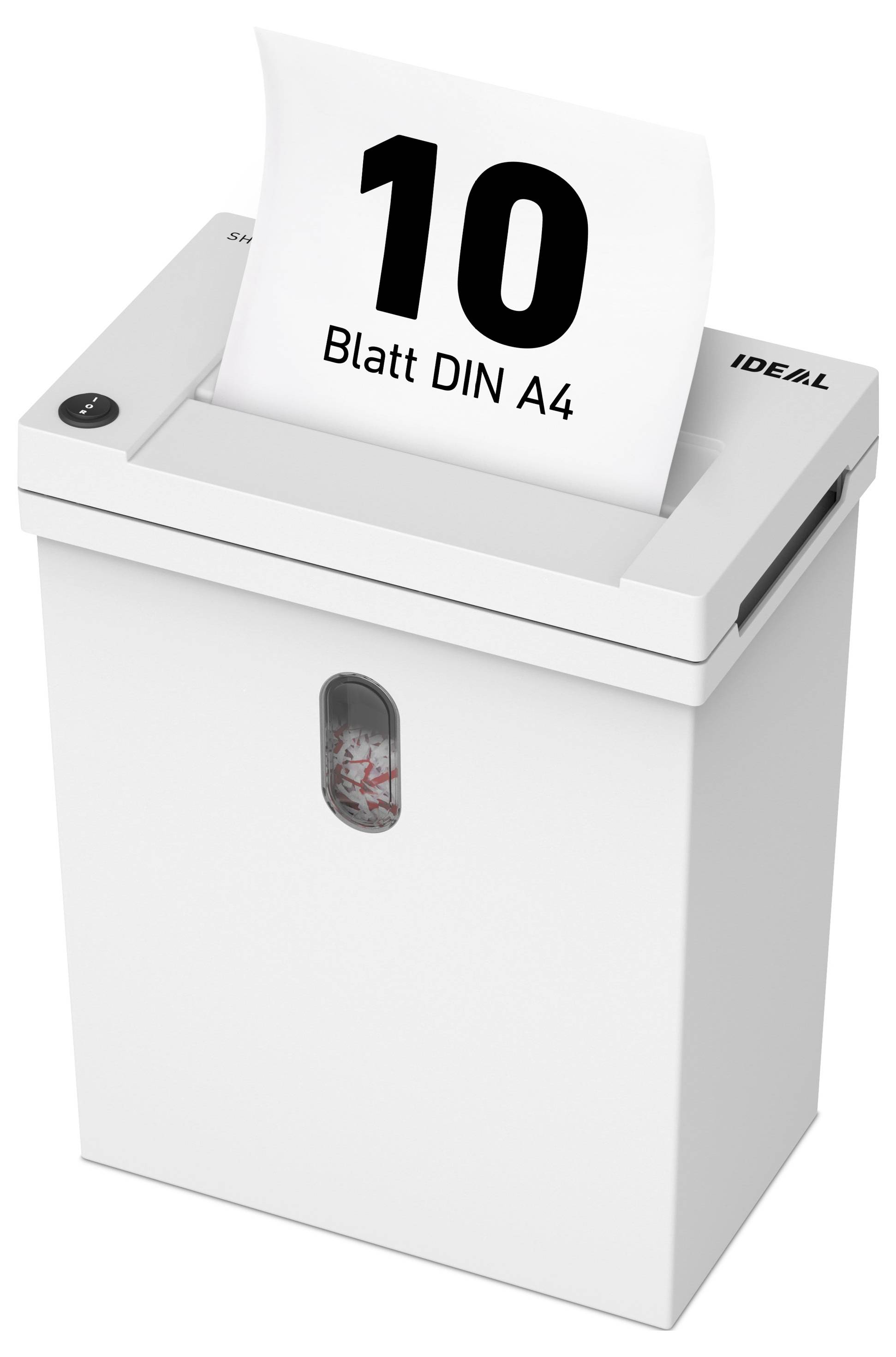 Aktenvernichter zerstört 10 Blatt DIN A4; Sichtfenster zeigt geschreddertes Papier.