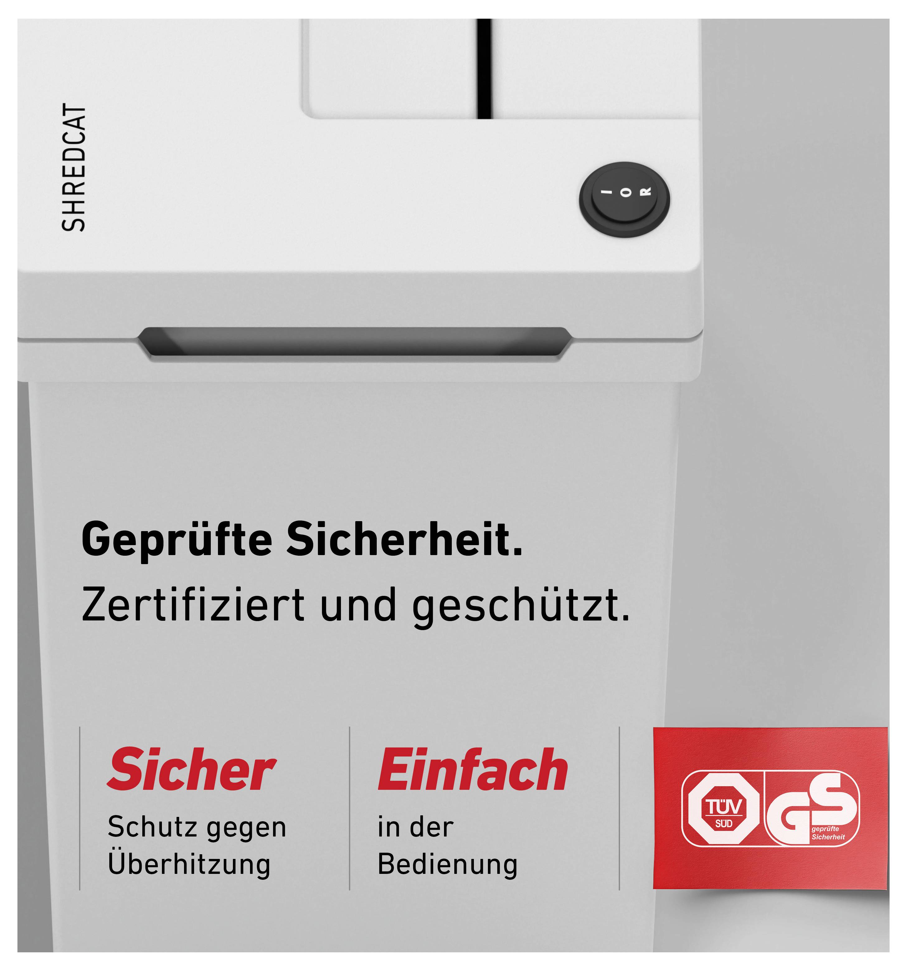 Werbegrafik eines Aktenvernichters mit Text 'Geprüfte Sicherheit. Zertifiziert und geschützt.' sowie Hinweisen 'Sicher' und 'Einfach' und TÜV/GS-Siegel.
