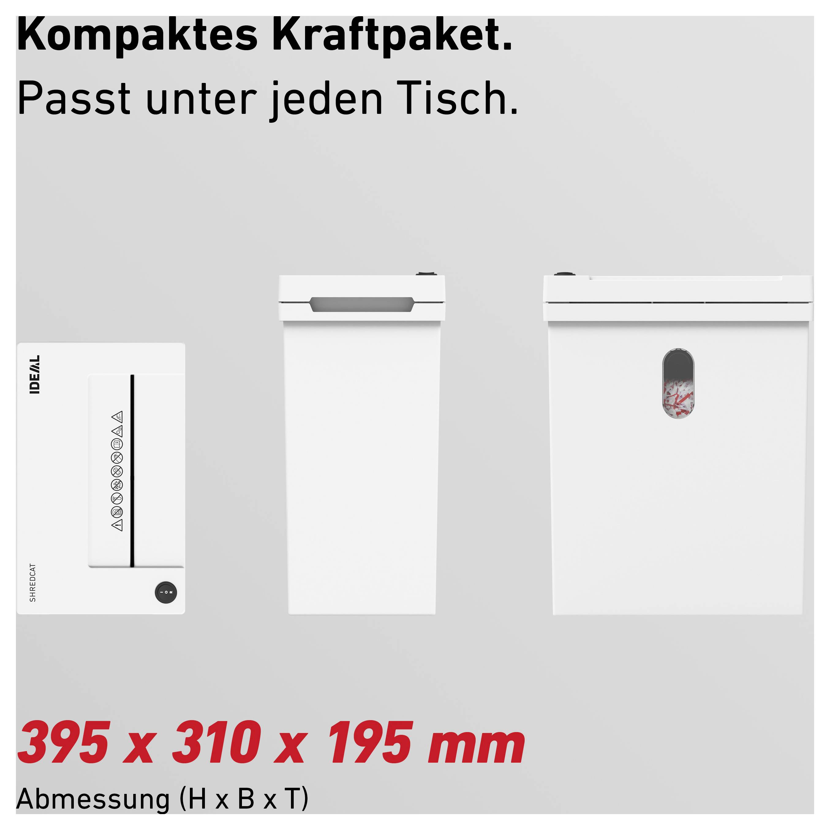 Werbegrafik mit drei weißen, kompakten Geräten; Text: 'Kompaktes Kraftpaket. Passt unter jeden Tisch.' und Maße '395 x 310 x 195 mm'.