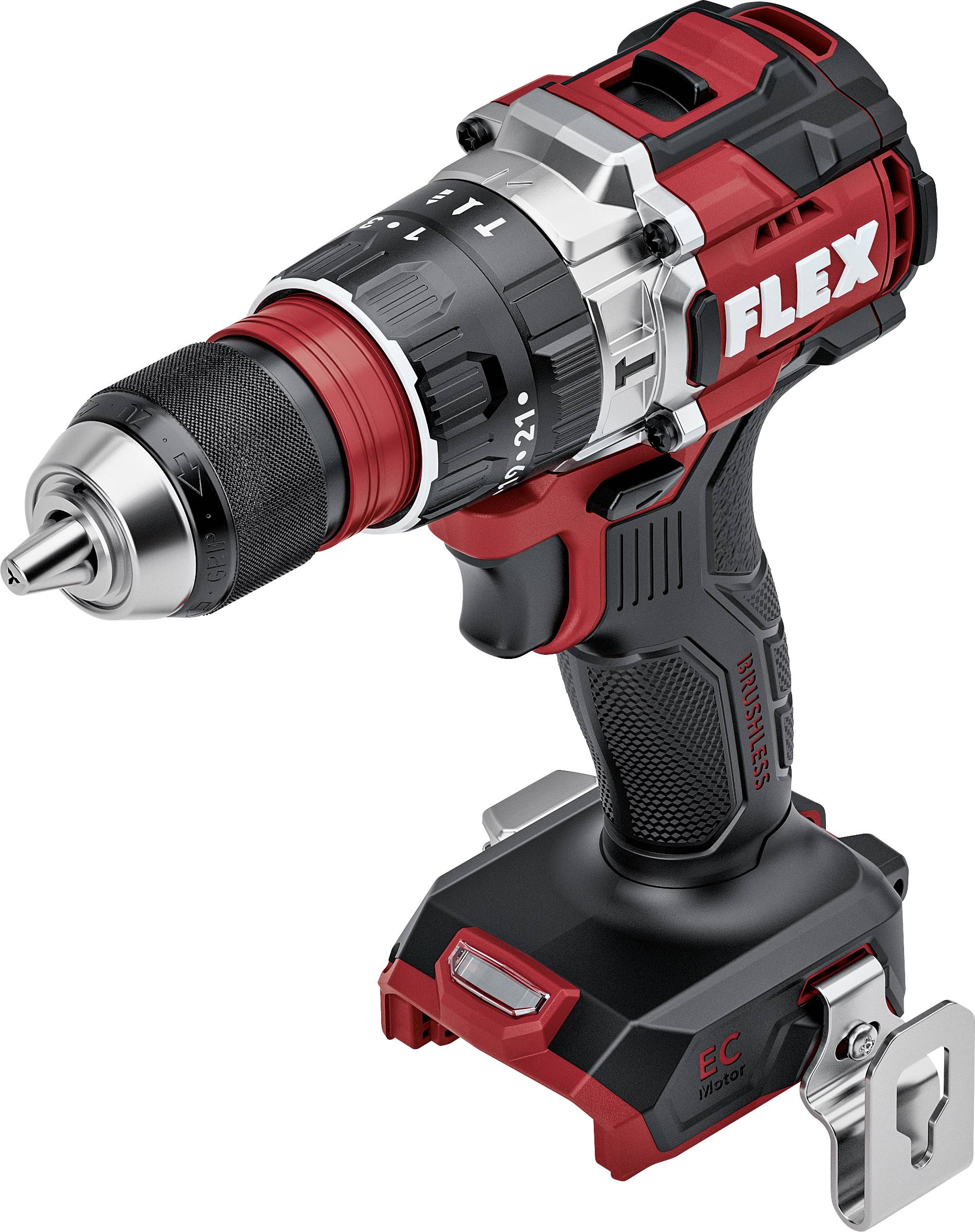 Red and black FLEX cordless drill/driver with battery pack and metal chuck, shown on a white background.