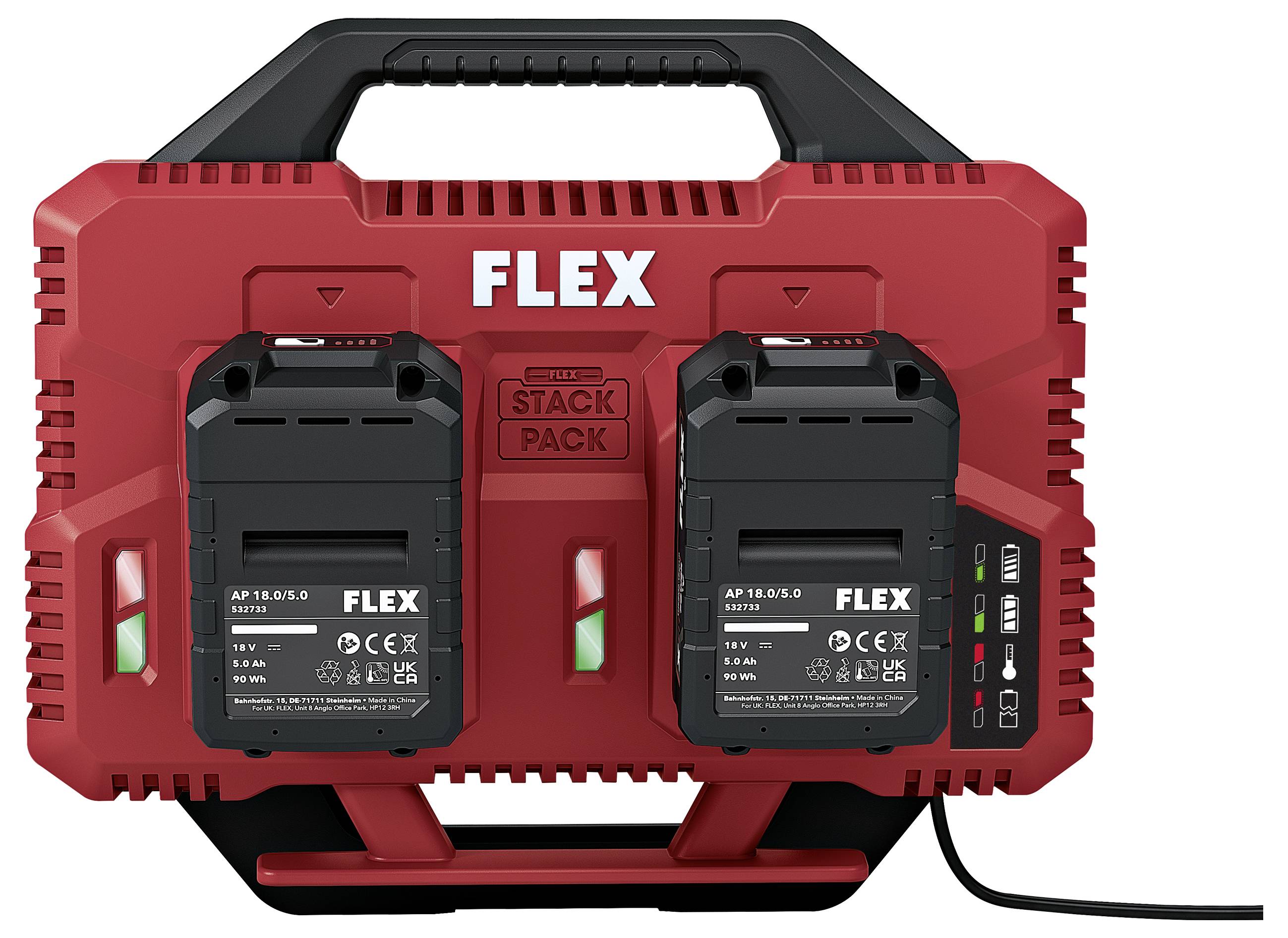 Rotes FLEX Stack Pack Werkzeugkoffer mit schwarzem Griff, zwei eingesetzte Batteriepacks, Anzeigelichter und ein Stromkabel.