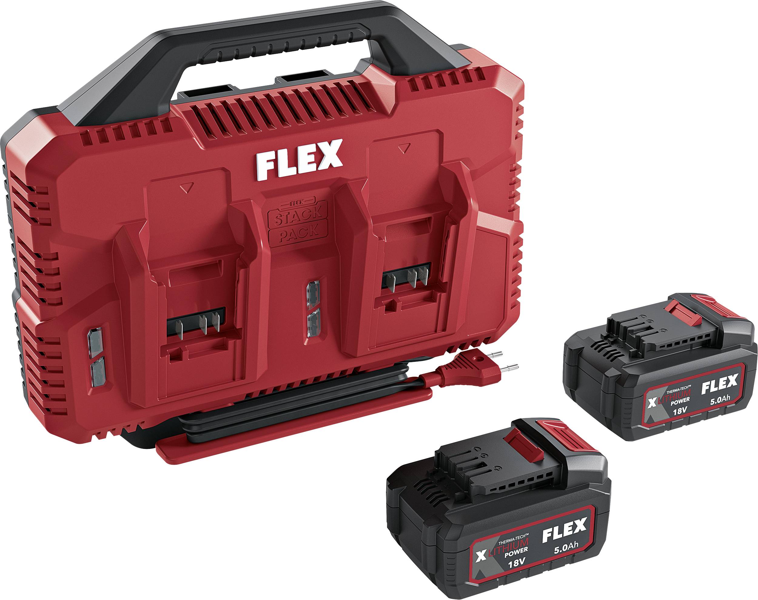 Red FLEX carrying case with handle and two black FLEX batteries shown beside it.