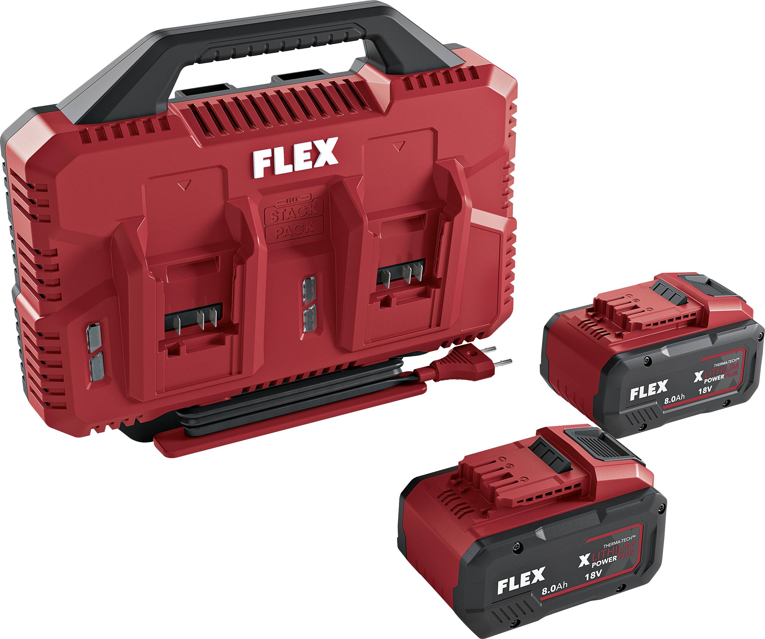 Rote FLEX-Transporttasche mit schwarzem Griff, zwei FLEX 18V-Akkus und ein Akkuladegerät auf weißem Hintergrund.