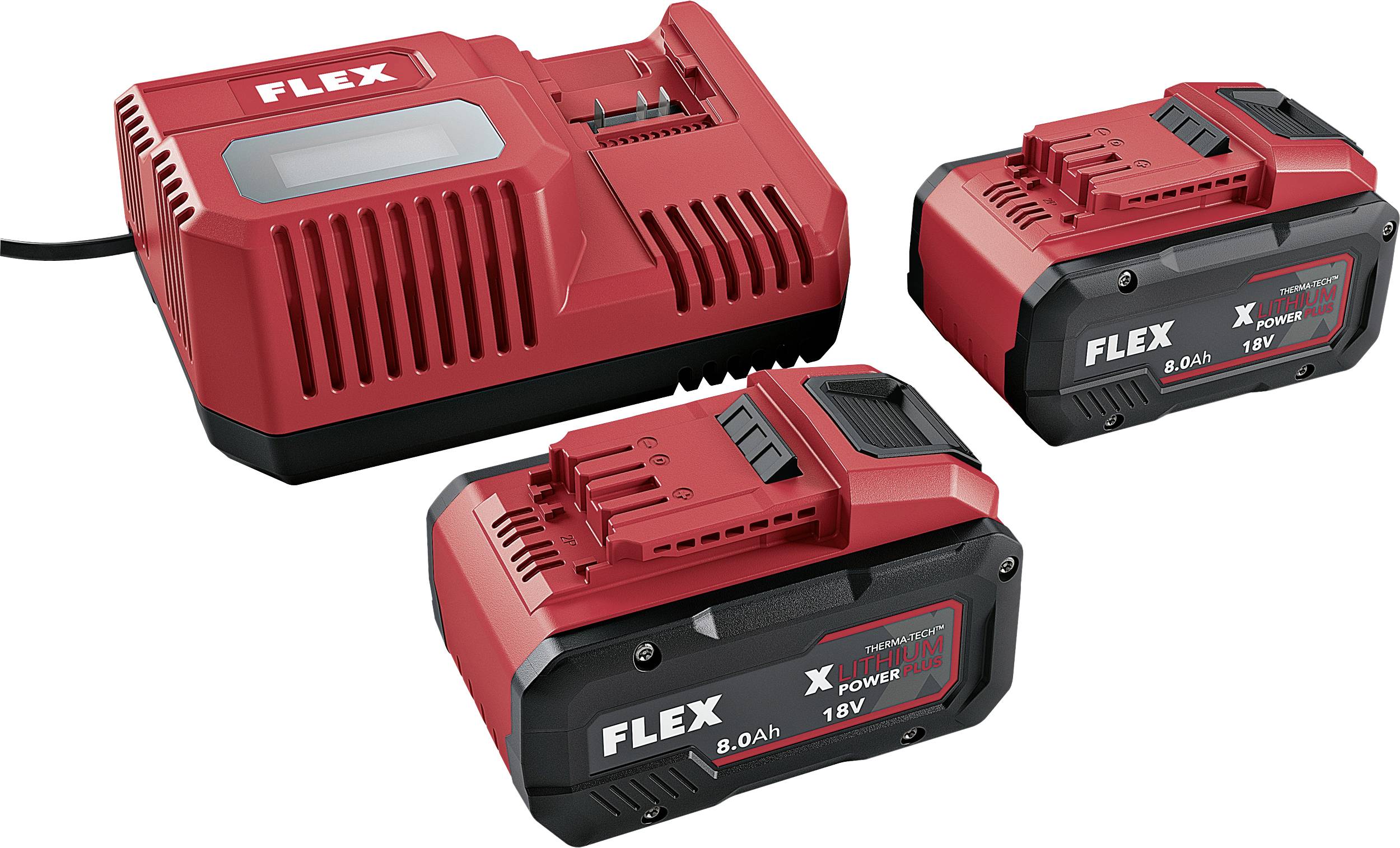 Drei FLEX 18V Lithium-Ionen-Batterien und ein Ladegerät, gezeigt auf weißem Hintergrund.