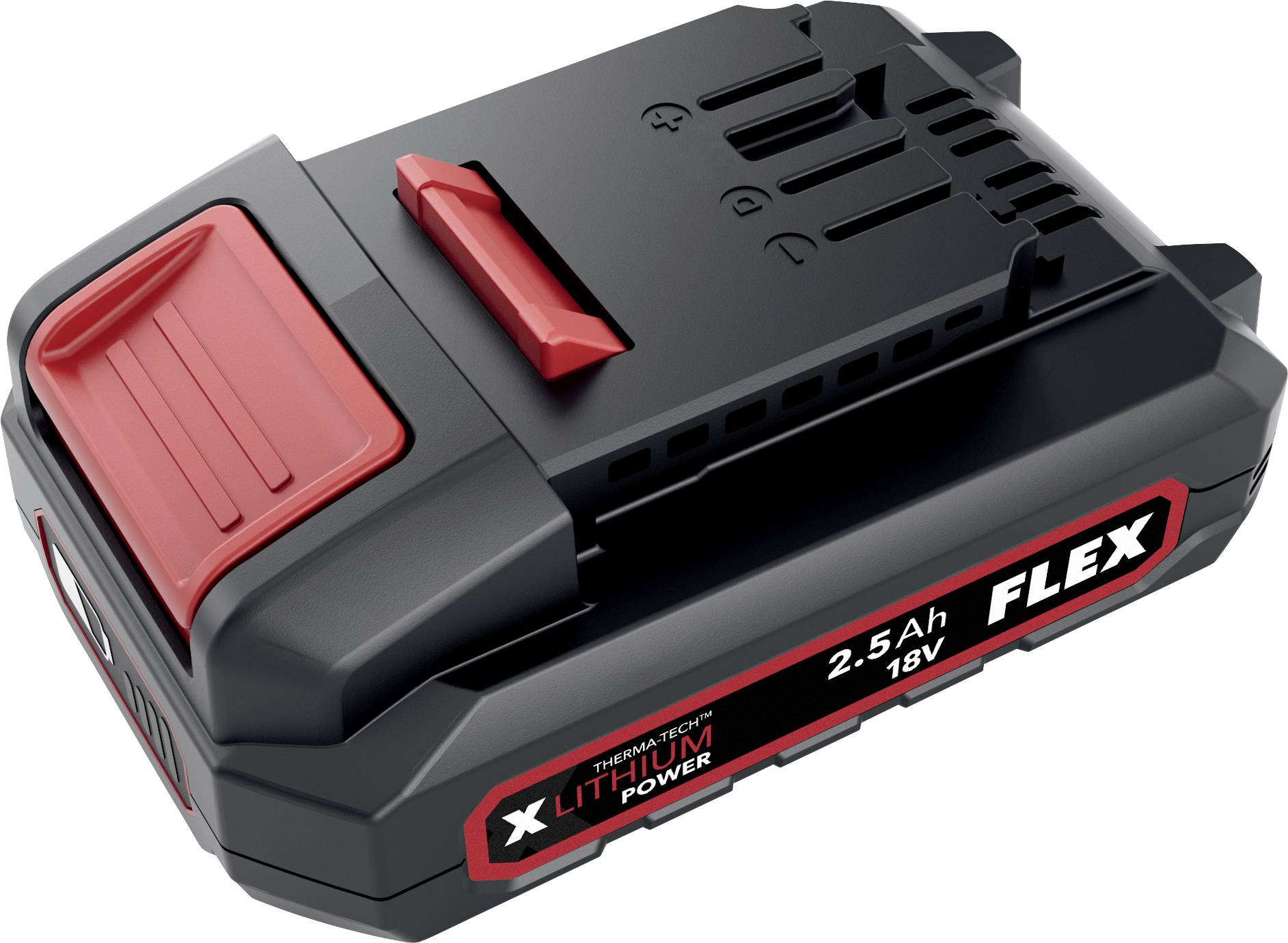 Black and red FLEX 18V lithium battery pack labeled 2.5Ah, shown in a product-style view.