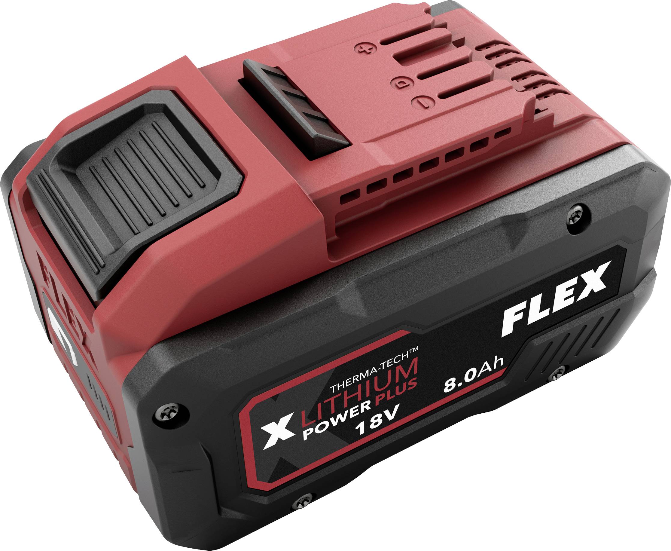 Rotes und schwarzes FLEX 18V Lithium-Elektrowerkzeug-Akku mit der Bezeichnung 
