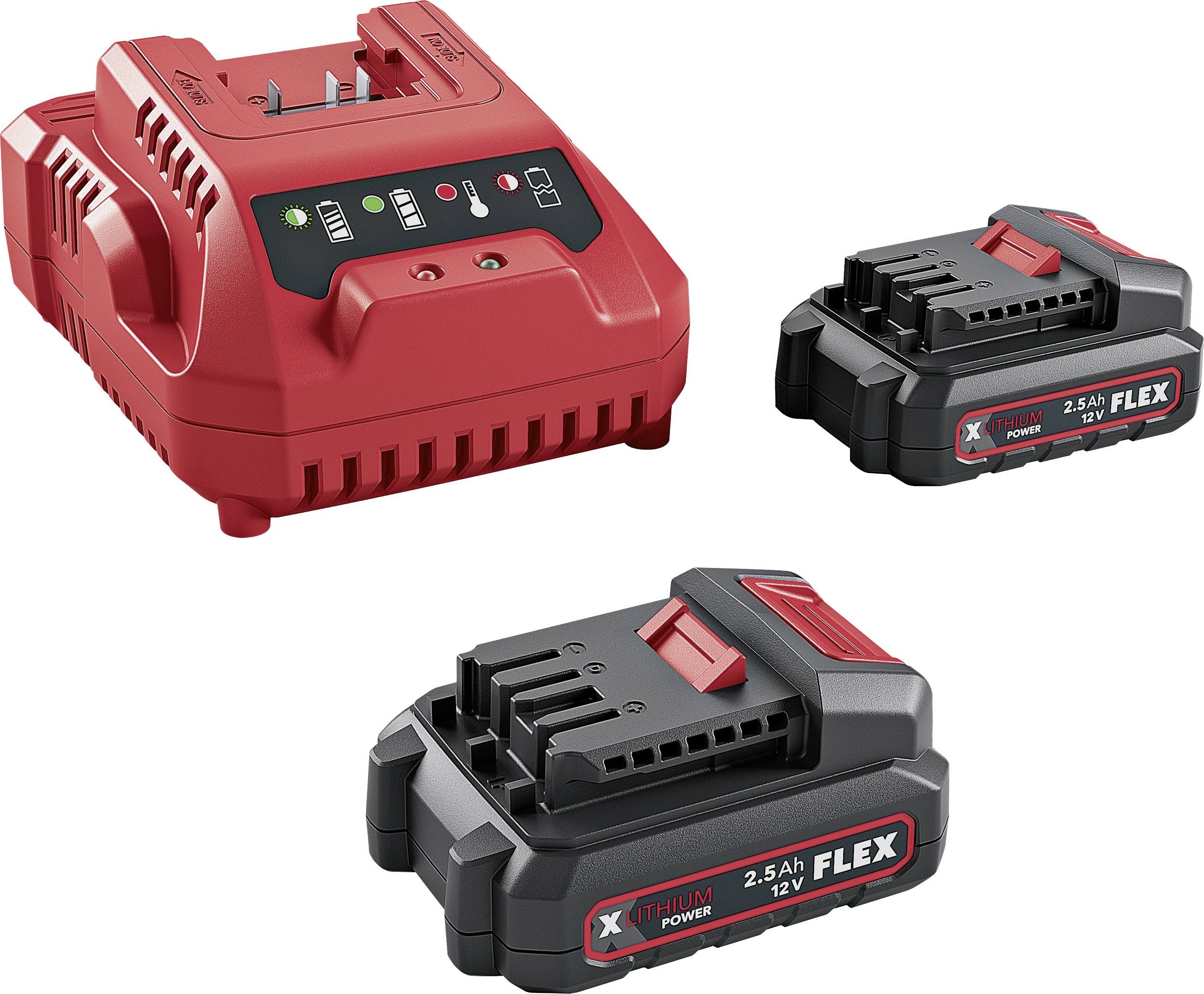 Rotes Batterieladegerät mit Anzeigelichtern, neben zwei FLEX 12V 2,5Ah Lithium-Ionen-Akkupacks