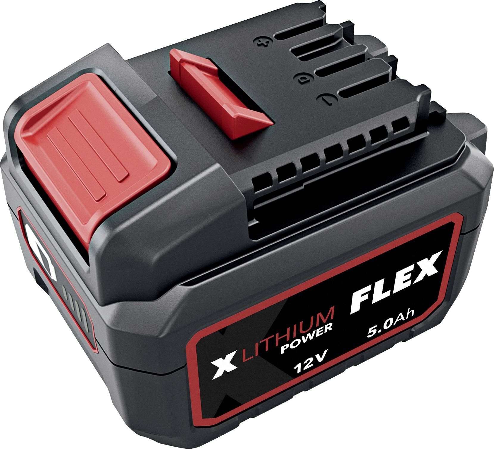 Black and red 12V 5.0Ah lithium power tool battery pack labeled 'FLEX X Lithium Power'