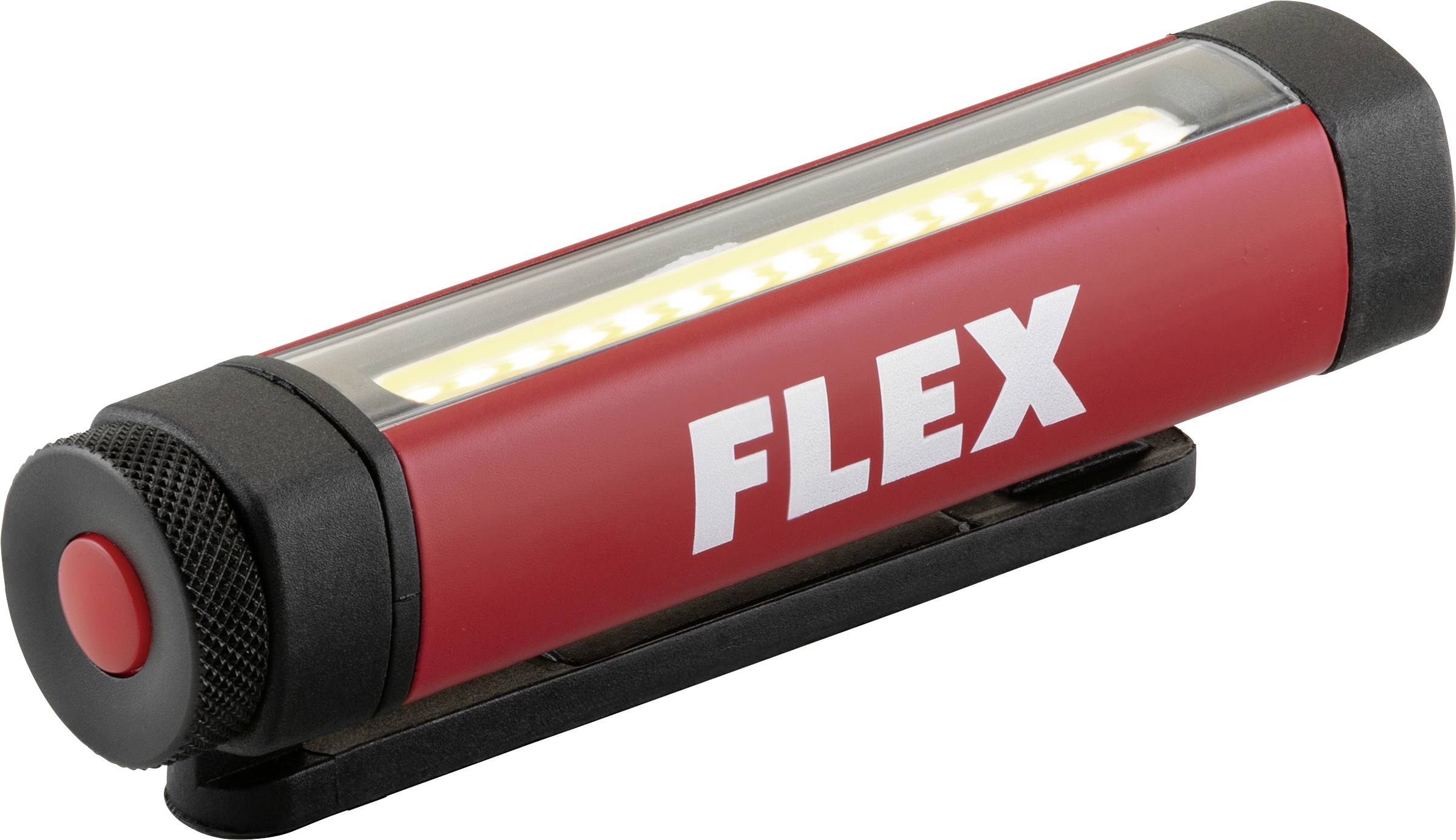 Red FLEX LED work light with black end caps, top light strip, and mounting base.
