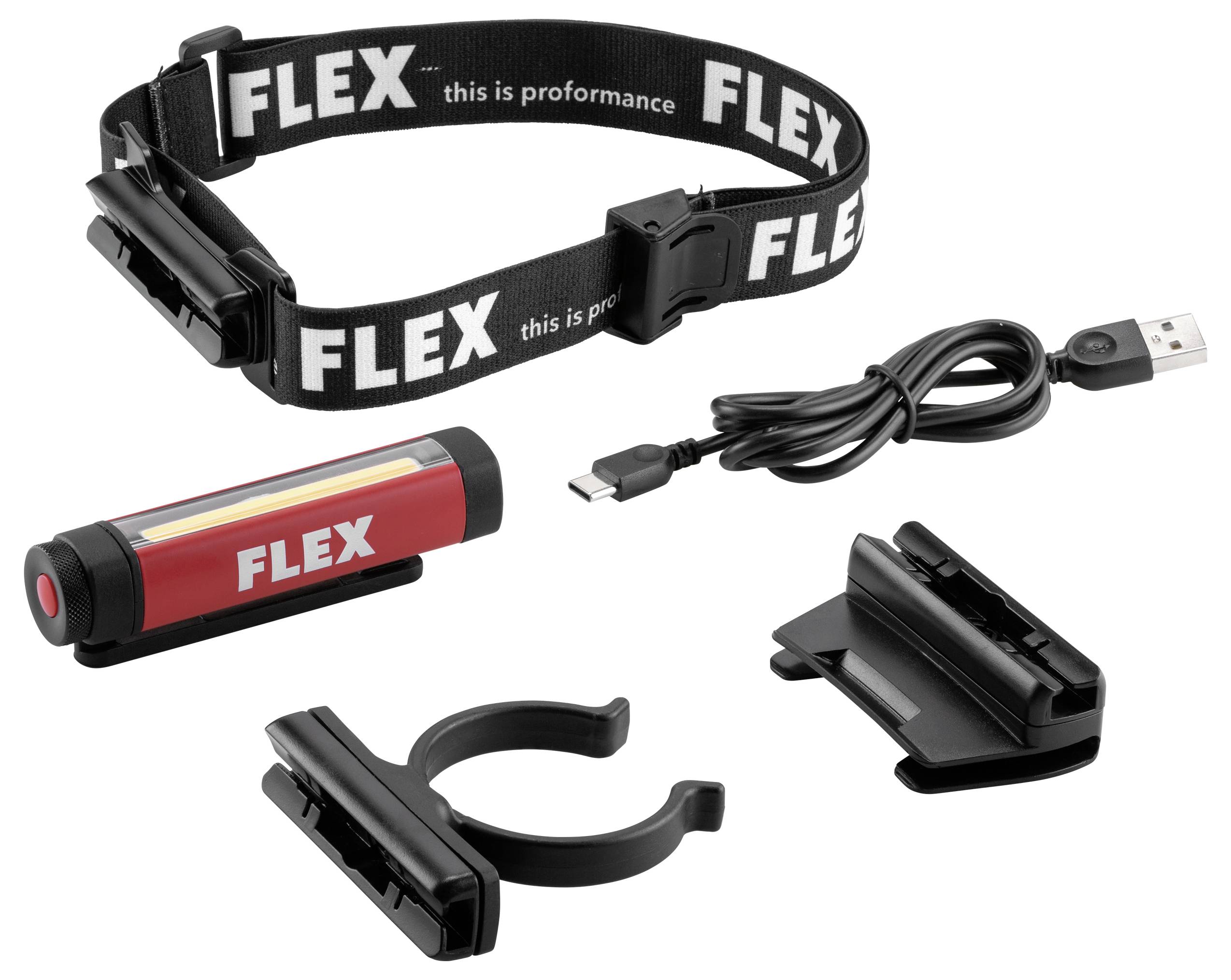 FLEX Kopflampen-Set mit verstellbarem Kopfband, wiederaufladbarem Akku, USB-Ladekabel und Befestigungsclips.