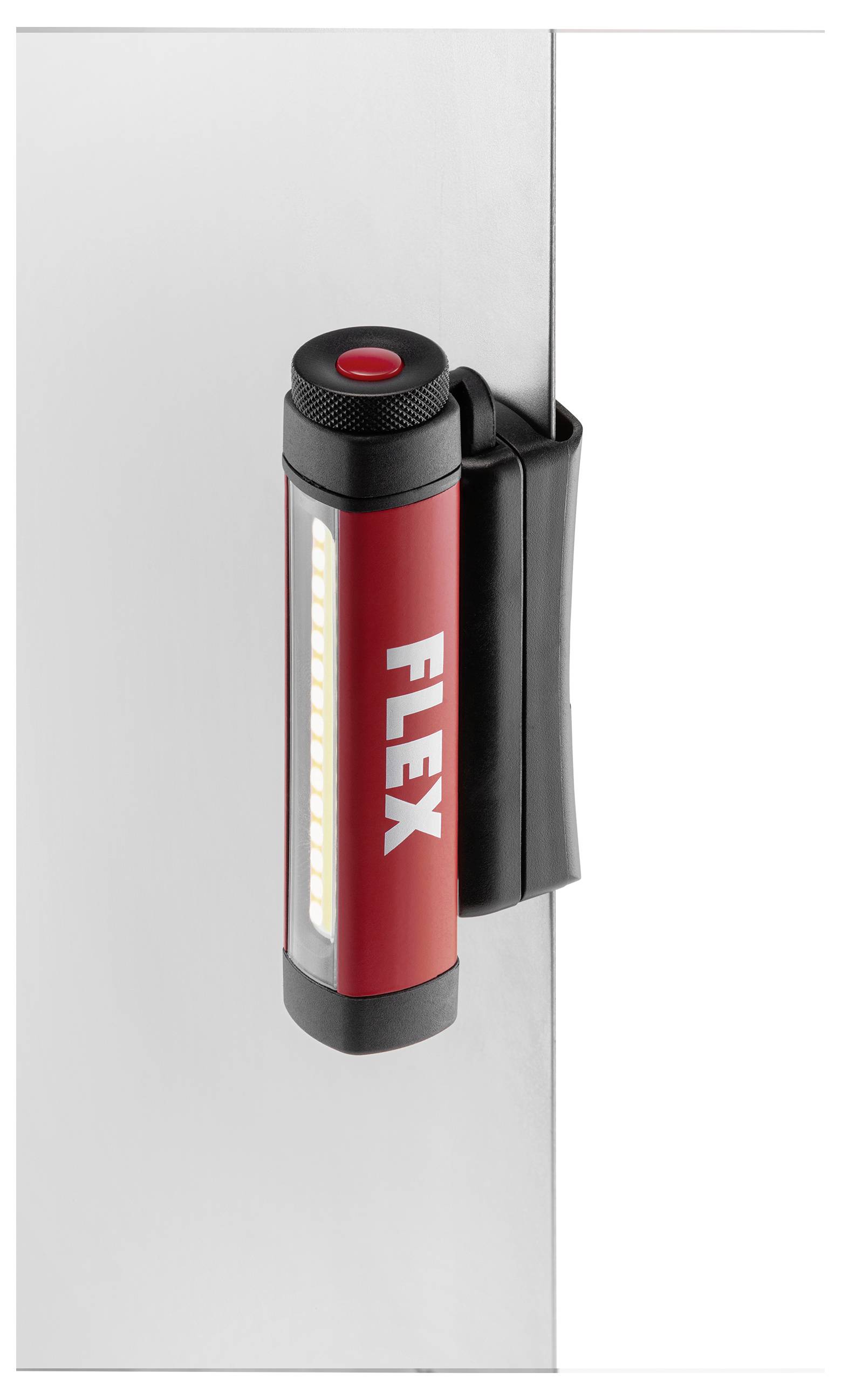 Rote FLEX LED Arbeitsleuchte, die an einem Metallpanel angebracht ist, mit einem roten Netzschalter oben.