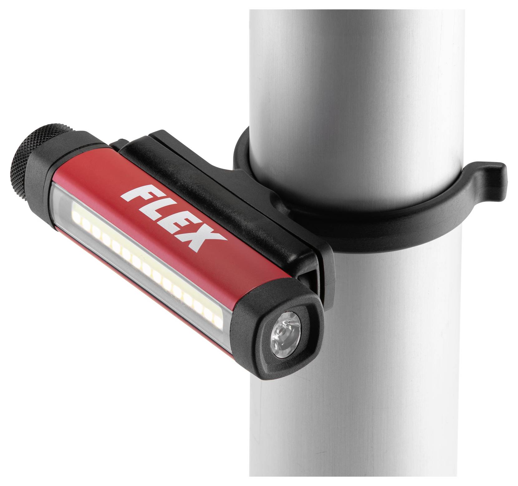 Rote FLEX LED-Leuchte, an einem silbernen Pfosten befestigt, zeigt ein kompaktes tragbares Arbeitslicht horizontal montiert.
