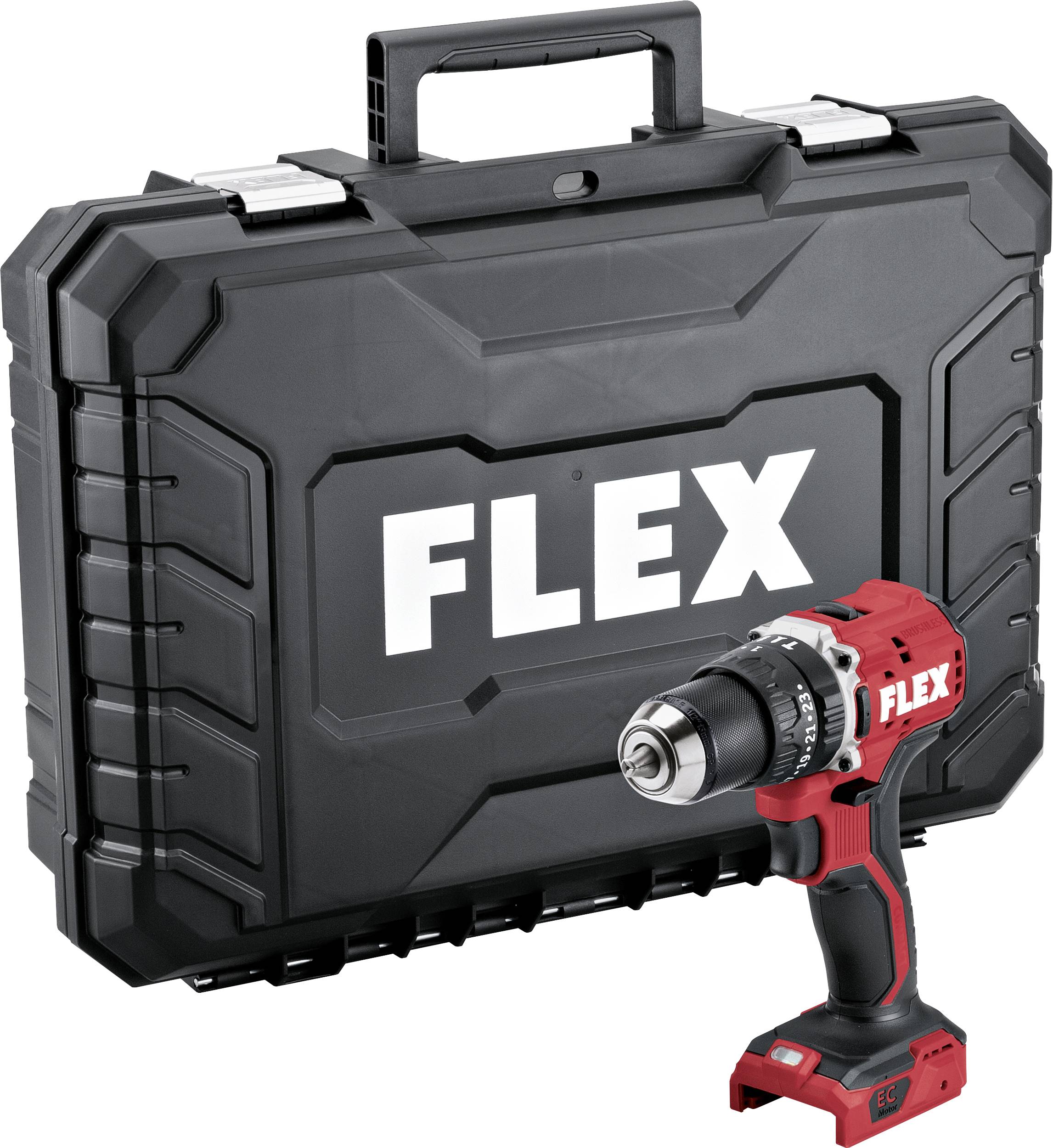 Rote FLEX-Akku-Bohrmaschine mit schwarzem Koffer, auf dem 