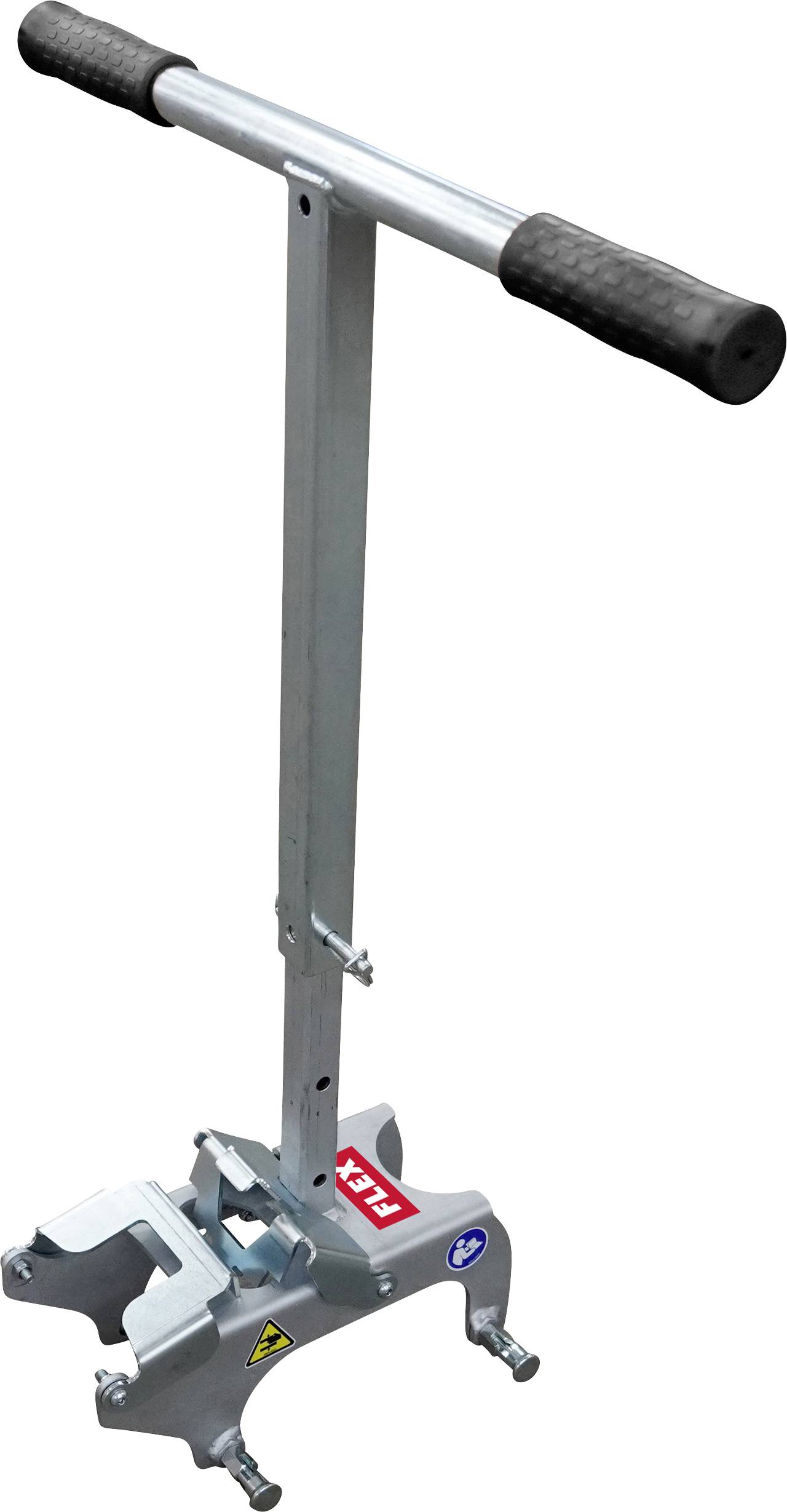Manual tire changer with a vertical stand and horizontal handle, used to mount and remove tires.