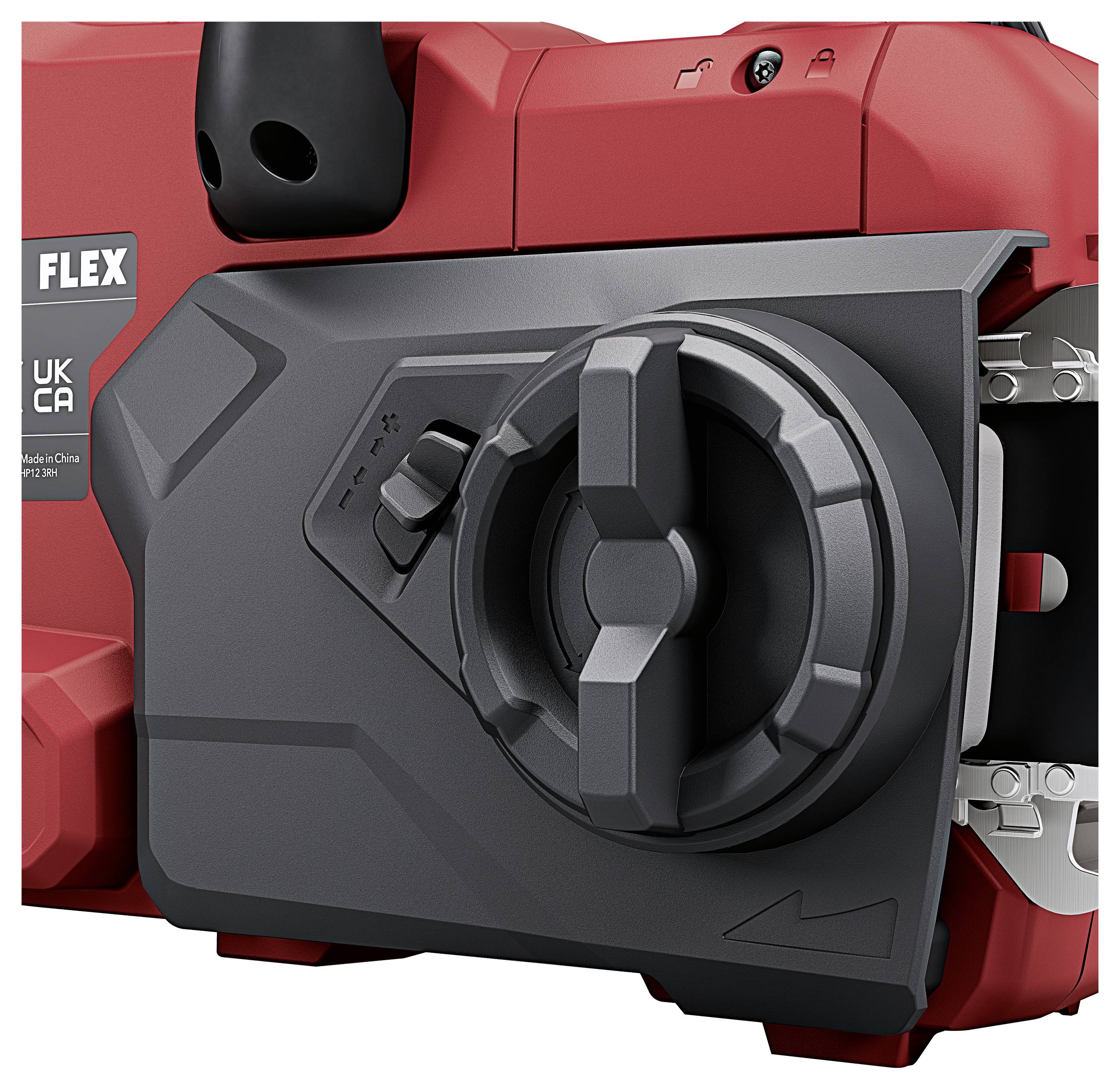 Nahaufnahme eines roten und schwarzen FLEX-Elektrowerkzeugs mit großem kreisförmigem Einstellrad und seitlichem Bedienungsschalter.