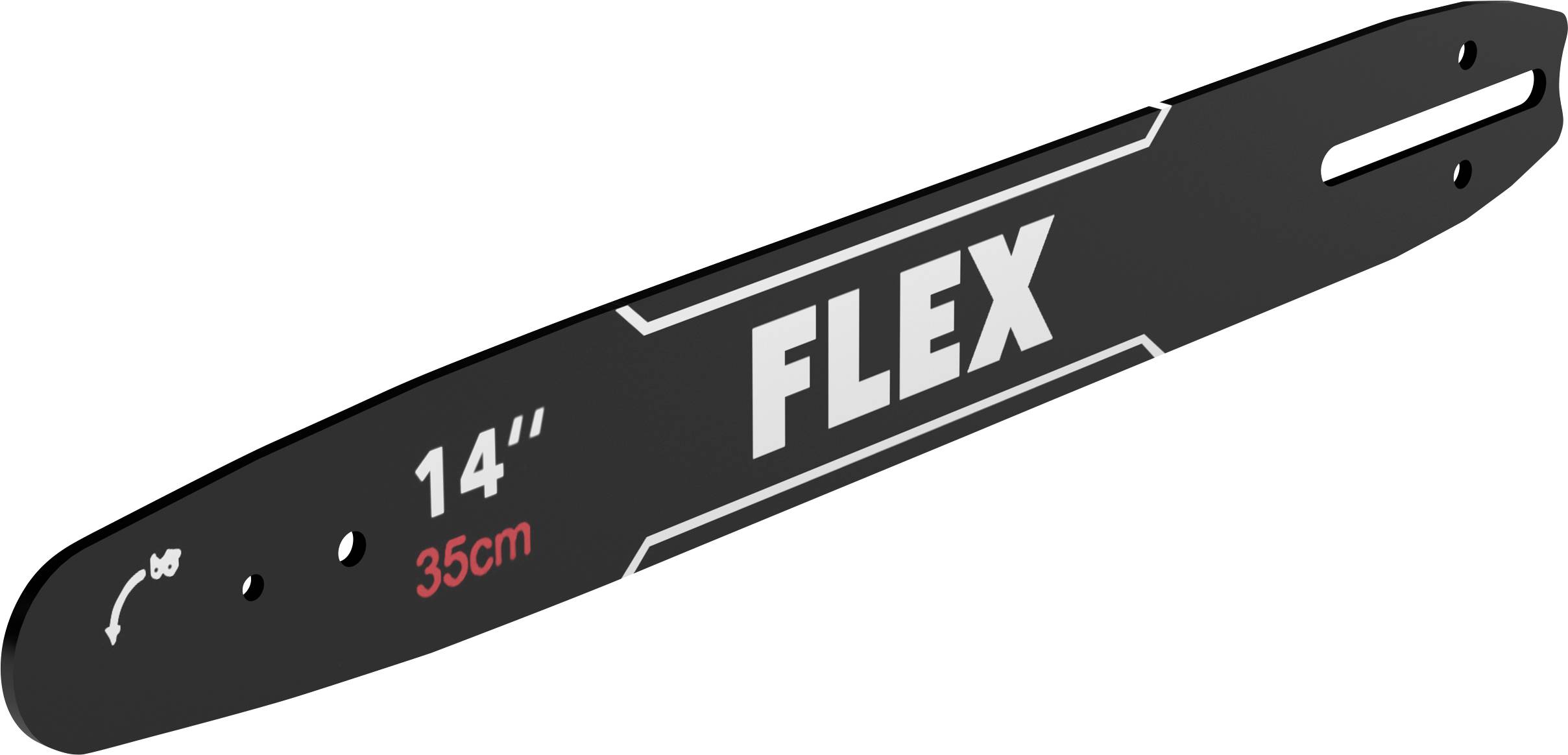 Schwarze 14-Zoll-FLEX-Kettensägen-Führungsschiene mit der Beschriftung '14