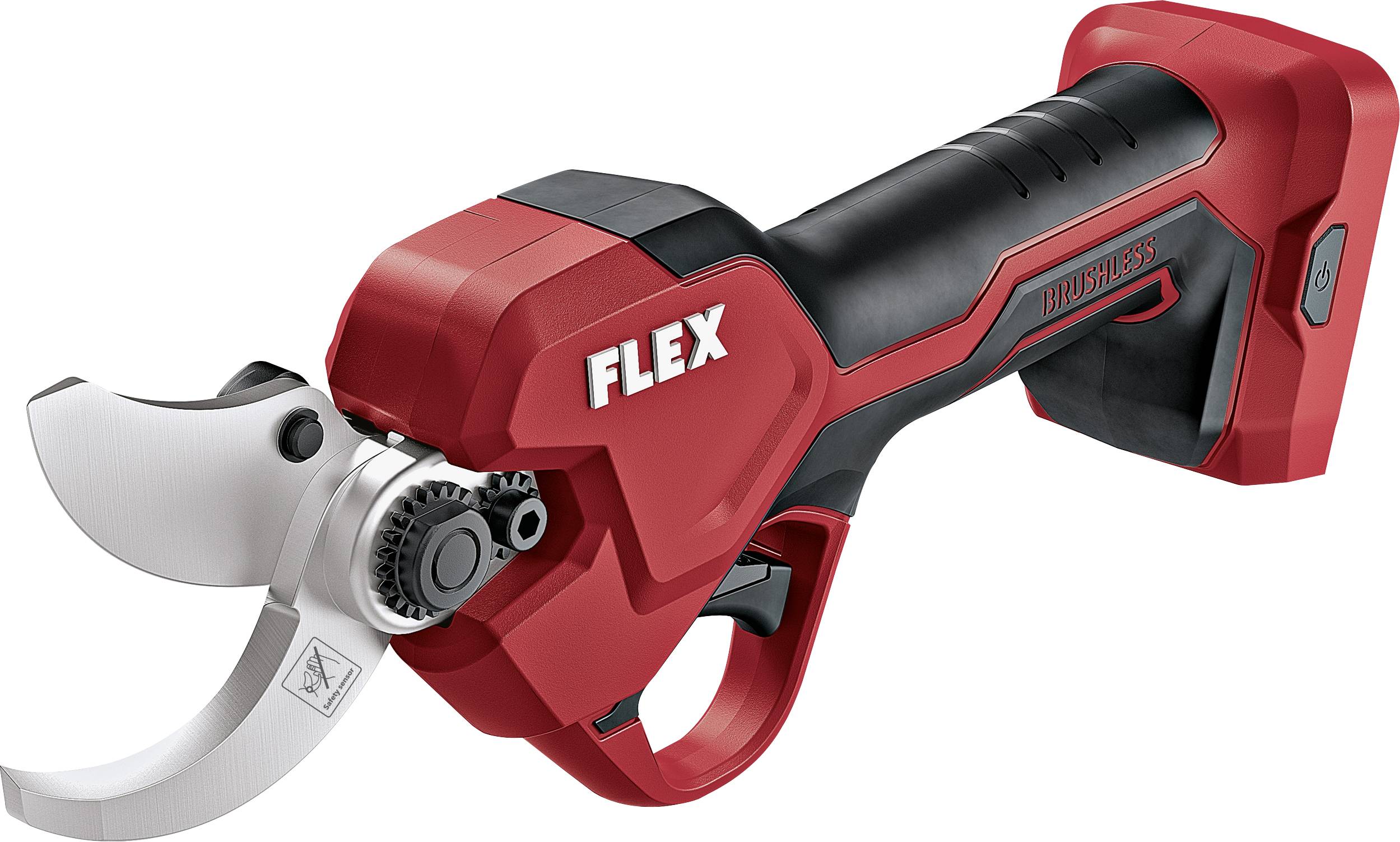 Rote kabellose Gartenschere mit silbernen Klingen und FLEX-Branding auf weißem Hintergrund.