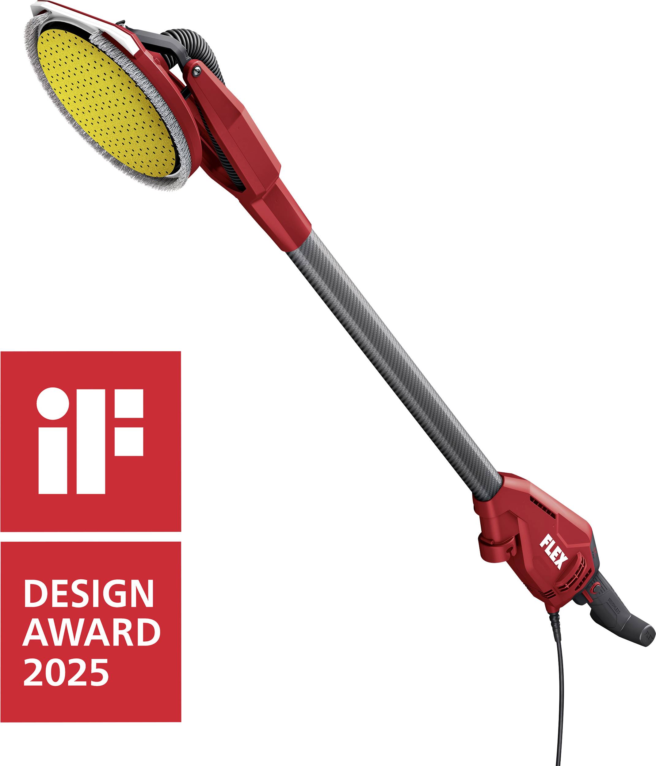 Rotes tragbares Schleifwerkzeug mit rundem Schleifteller und langem Kohlefaser-Griff, dargestellt neben einem roten „iF DESIGN AWARD 2025