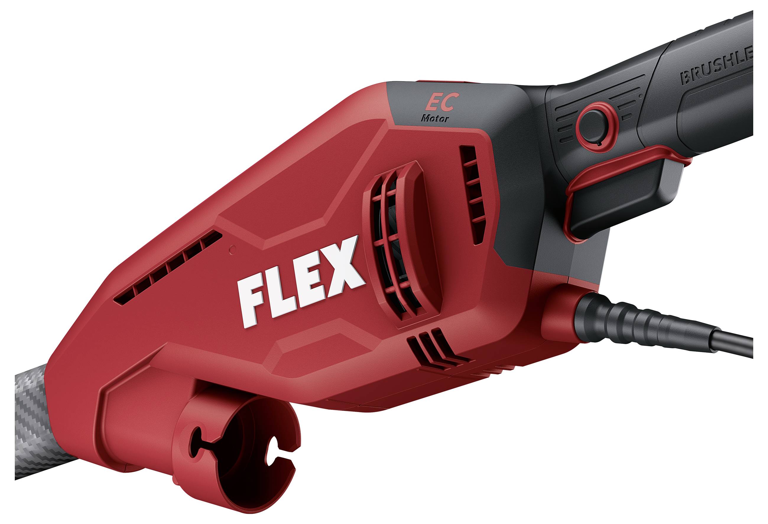 Rotes FLEX-Elektrowerkzeug mit schwarzem Griff und angebrachtem Kabel, in Nahaufnahme auf weißem Hintergrund dargestellt.
