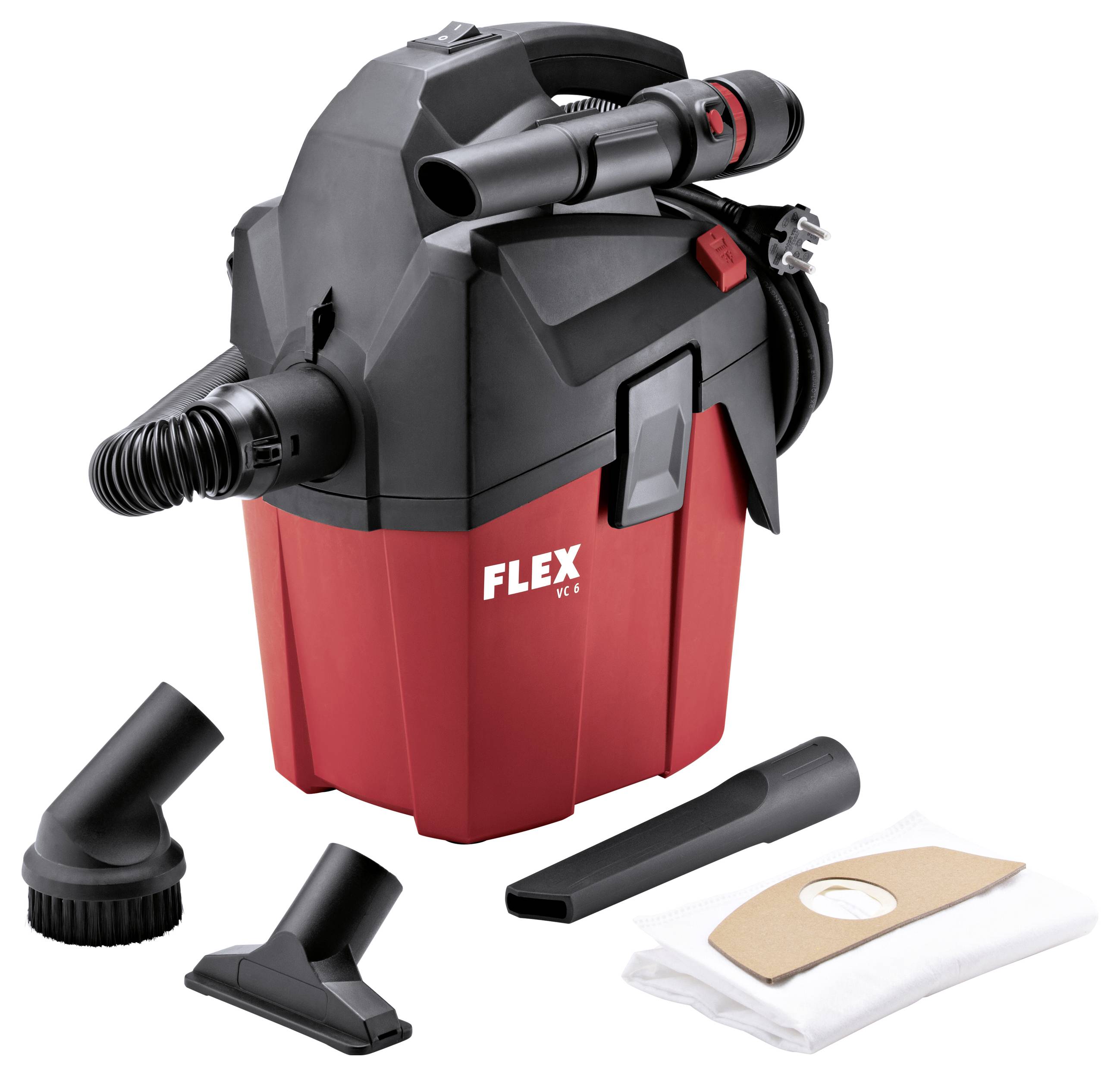 Rotes FLEX Nass-/Trockensauger mit Schlauch, Zubehör und Staubbeutel auf weißem Hintergrund.