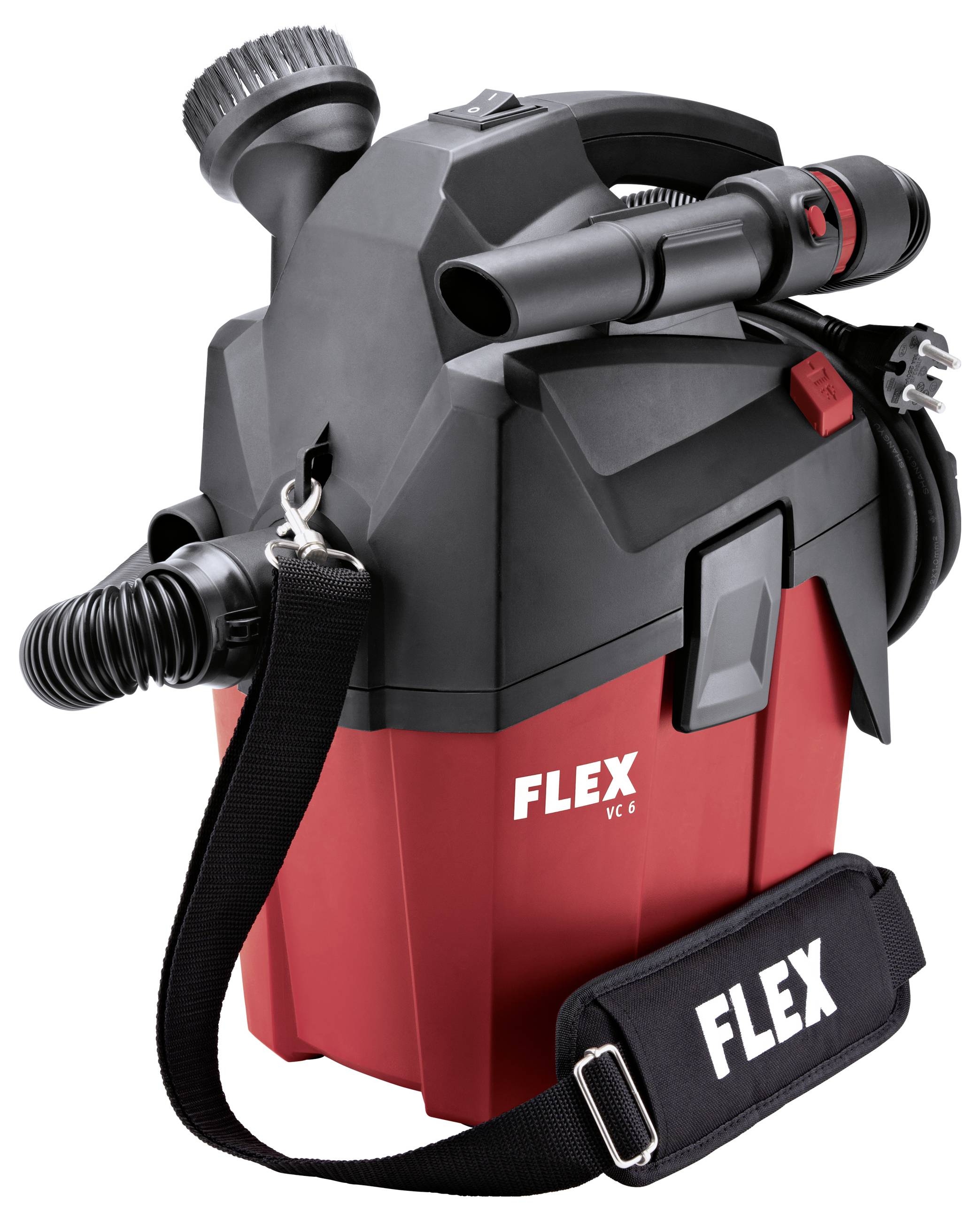 Tragbarer FLEX-Staubsauger mit Schlauch, Griff, Stromkabel und Schultergurt, gezeigt in Schwarz und Rot.