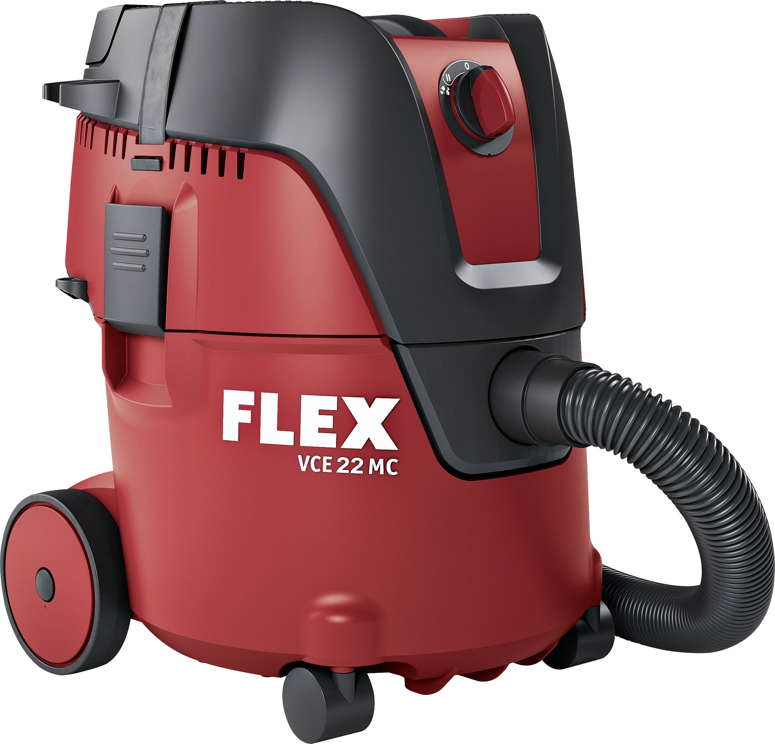 Red FLEX VCE 22 MC vacuum cleaner with hose, wheels, and top handle on a white background.