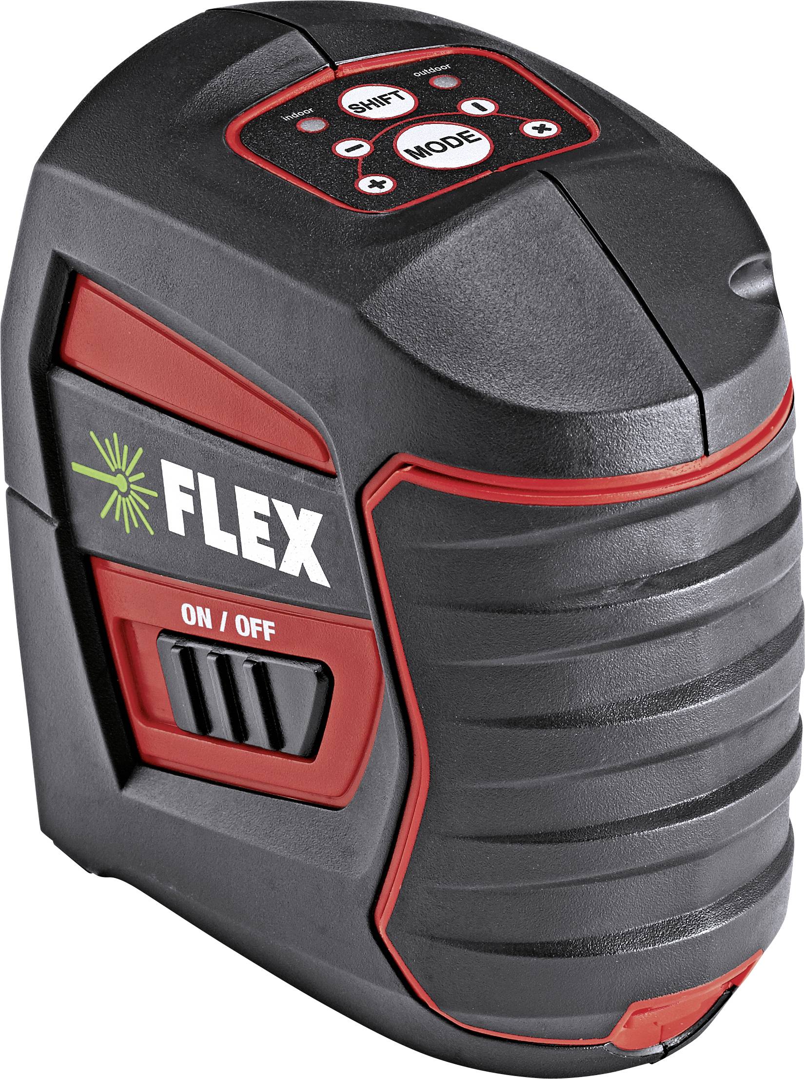 Black and red FLEX laser level with top control panel, side 'ON/OFF' switch, and ribbed front grip.