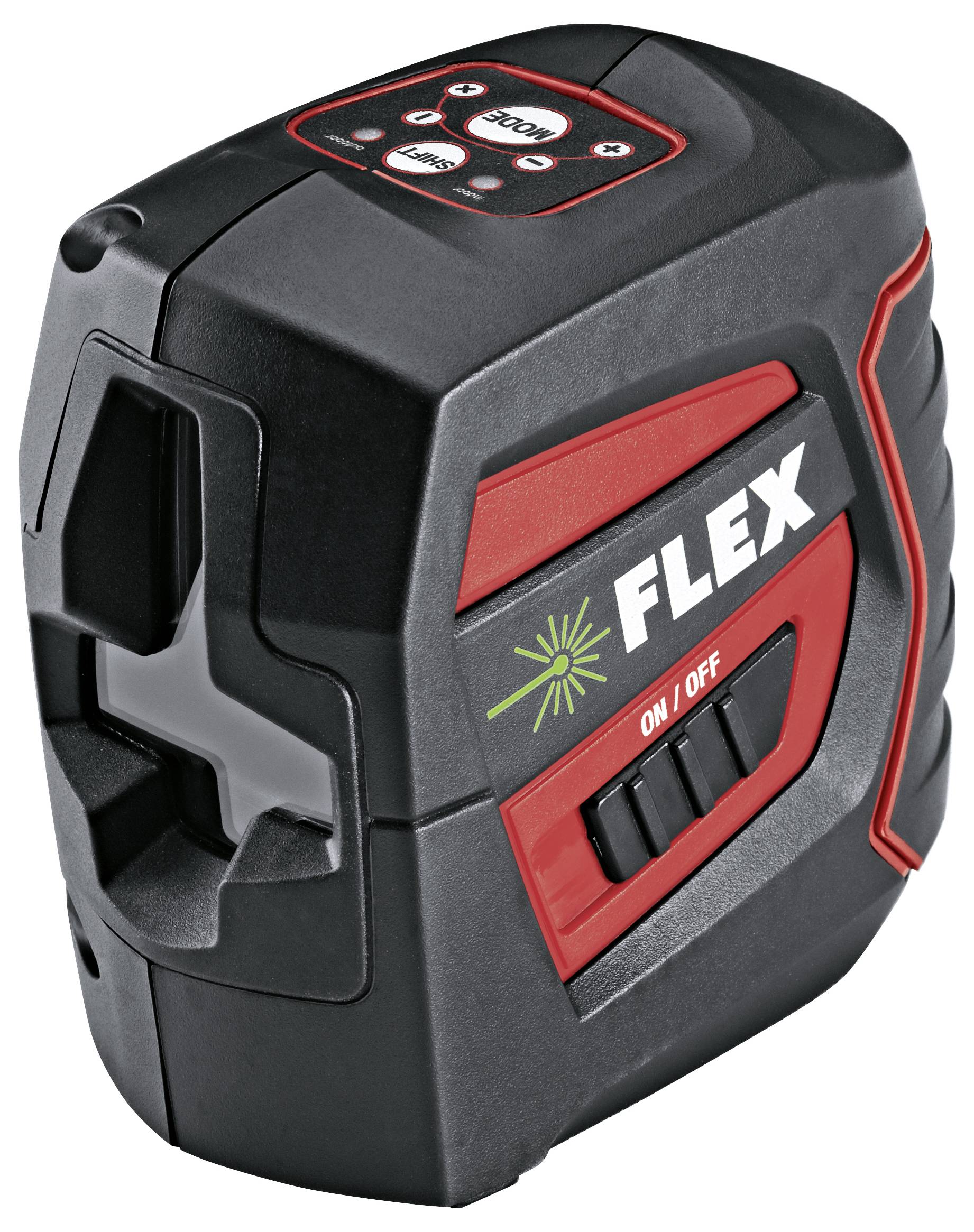 Kompaktes Laser-Nivelliergerät von FLEX in Schwarz und Rot mit Frontfenster und Bedienfeld oben