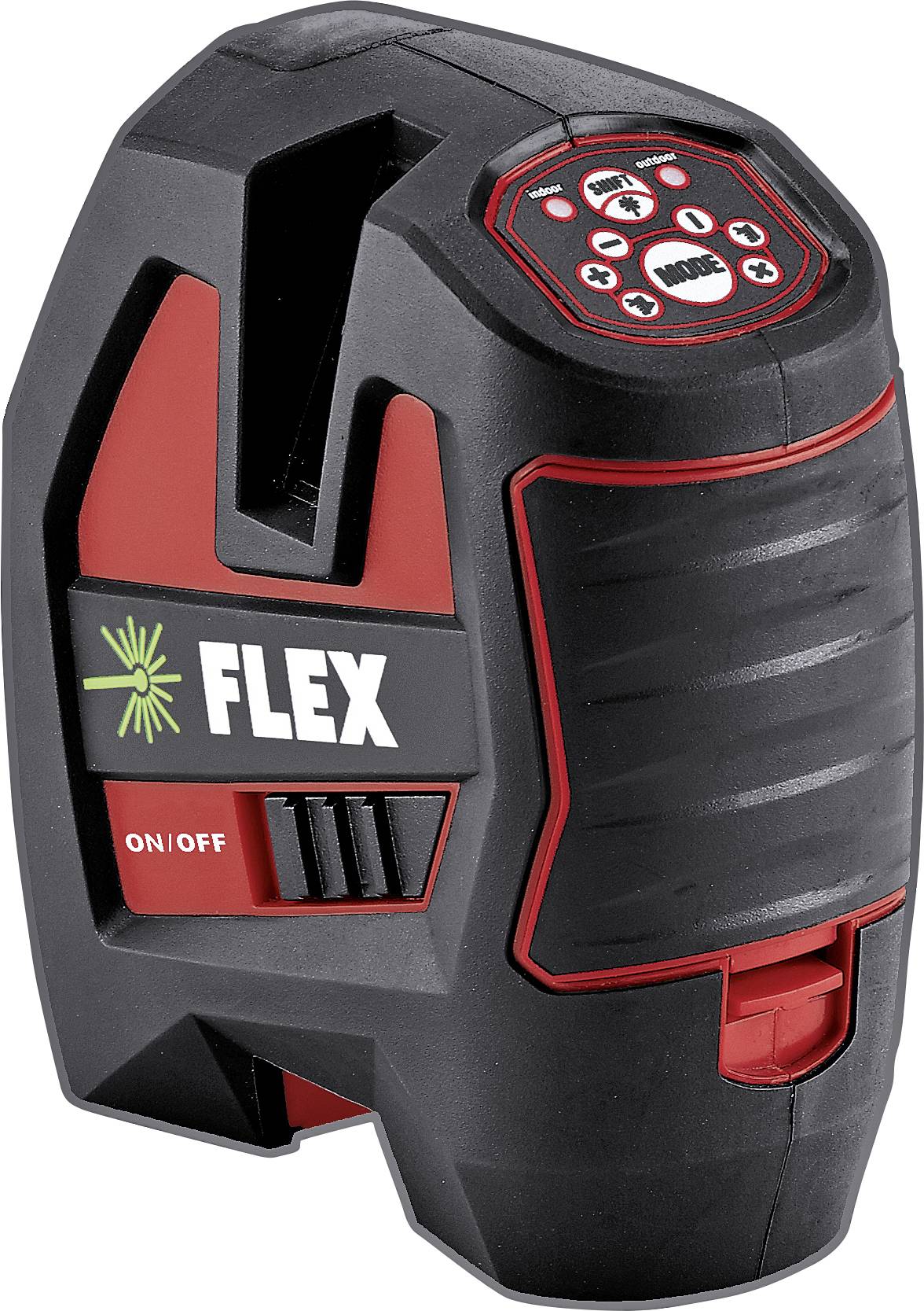 Schwarzes und rotes FLEX-Laserniveau mit Steuertasten oben, Ein-/Ausschalter und frontalem Fenster zur Projektion von Nivellierlinie.