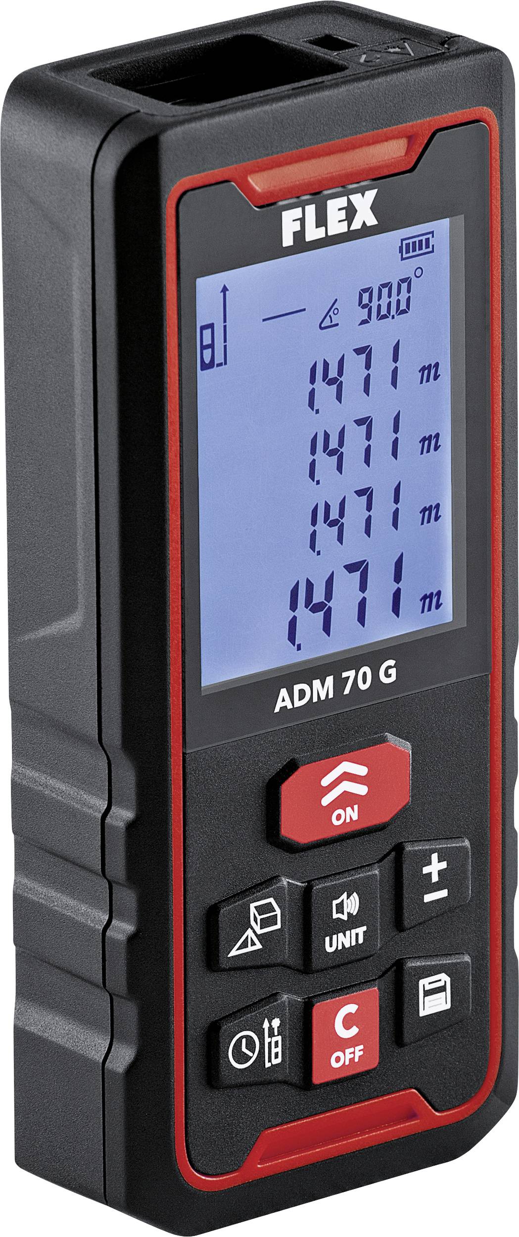 Tragbares FLEX ADM 70 G Laser-Entfernungsmessgerät mit digitaler Anzeige, die Messungen von 14,71 m anzeigt, und Steuertasten, einschließlich EIN, UNIT und C/AUS.