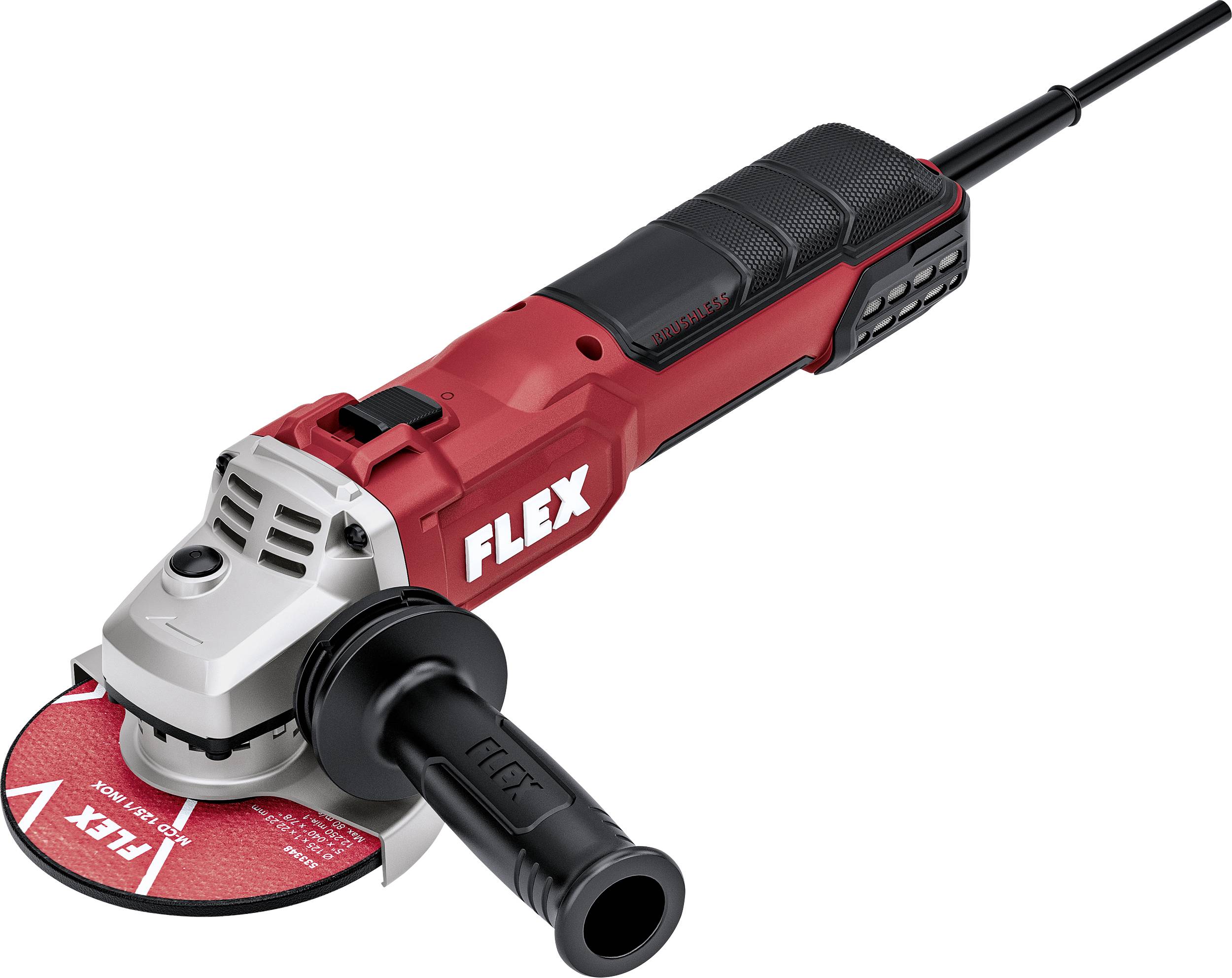 Red and black FLEX corded angle grinder with side handle and cutting disc on a white background.