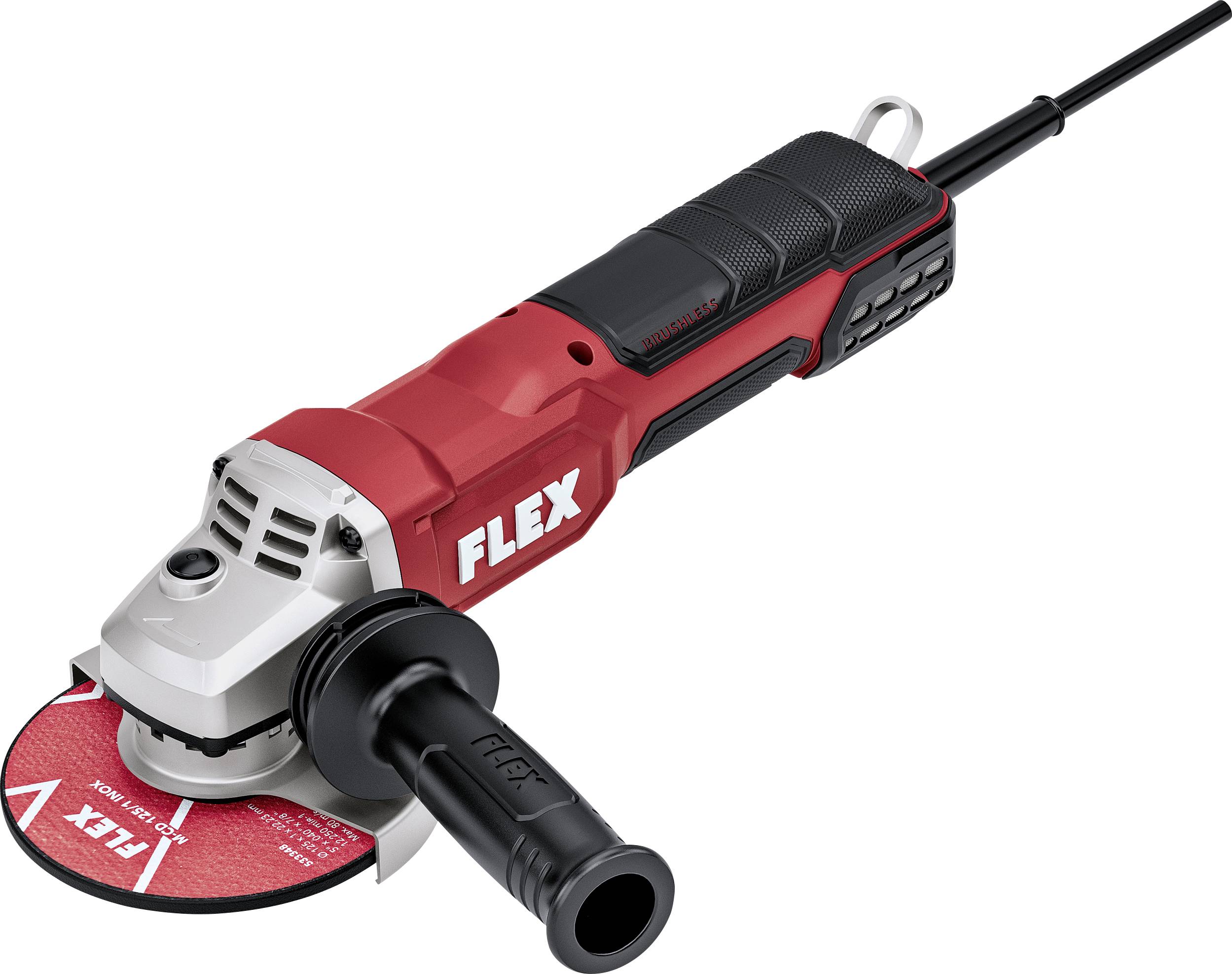 Roter FLEX Winkelschleifer mit Seitengriff und Trennscheibe auf weißem Hintergrund.