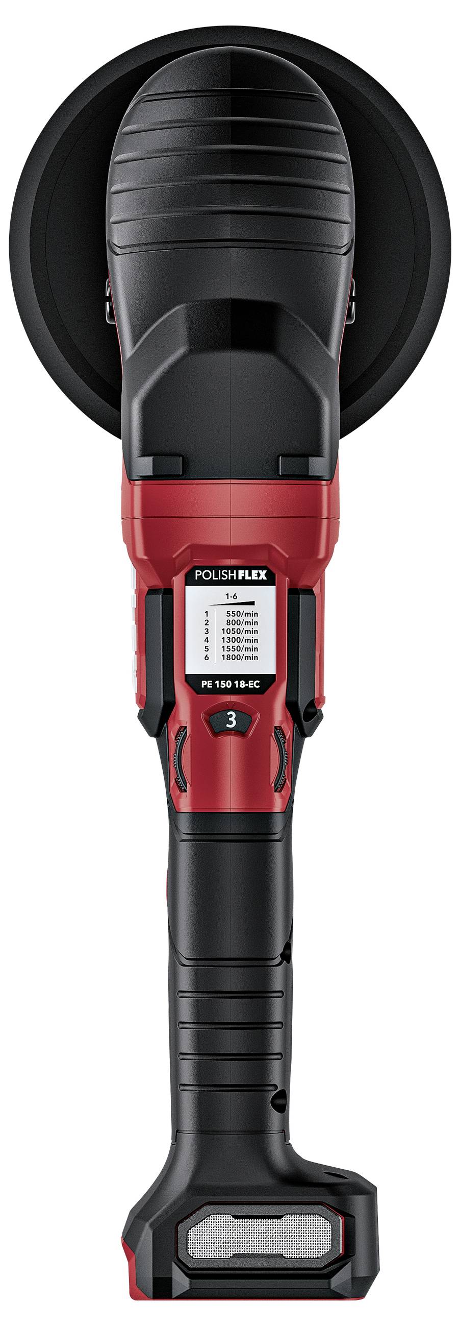 Schnurloses POLISHFLEX-Elektrowerkzeug in Vorderansicht, rot und schwarz, mit rundem Schleifteller und Batteriefuß.