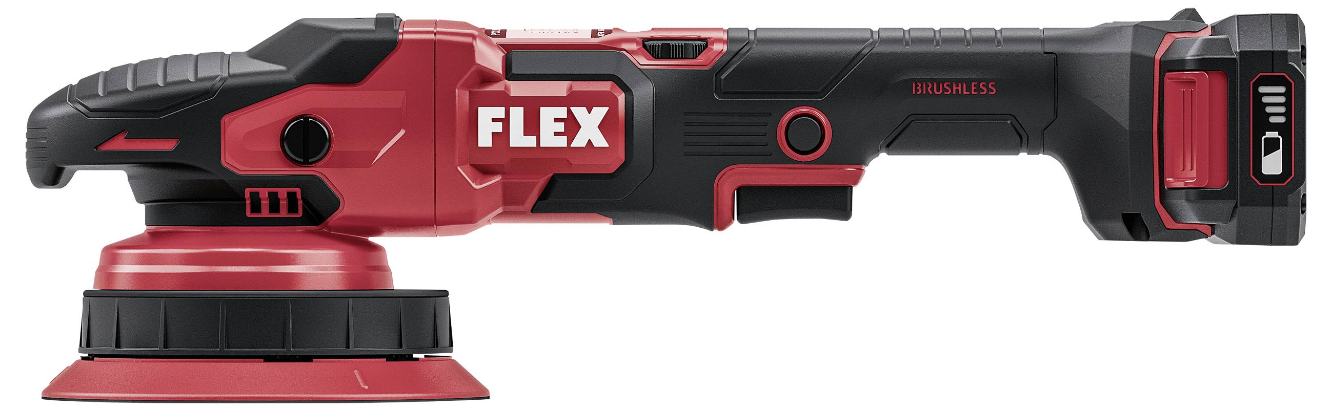 Roter und schwarzer FLEX-Elektroschleiffer mit bürstenlosem Motor und rundem Schleifteller, dargestellt in der Seitenansicht auf weißem Hintergrund.