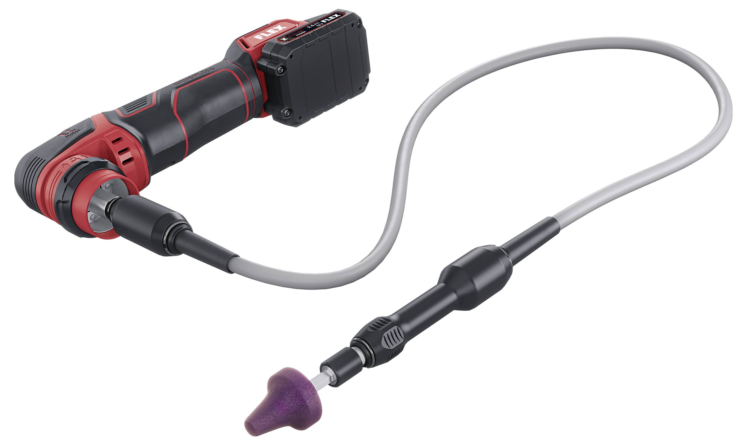 Rot-schwarze kabellose Inspektionskamera mit flexiblem Kabel und violettem kegelförmigem Sondenaufsatz, auf weißem Hintergrund dargestellt.