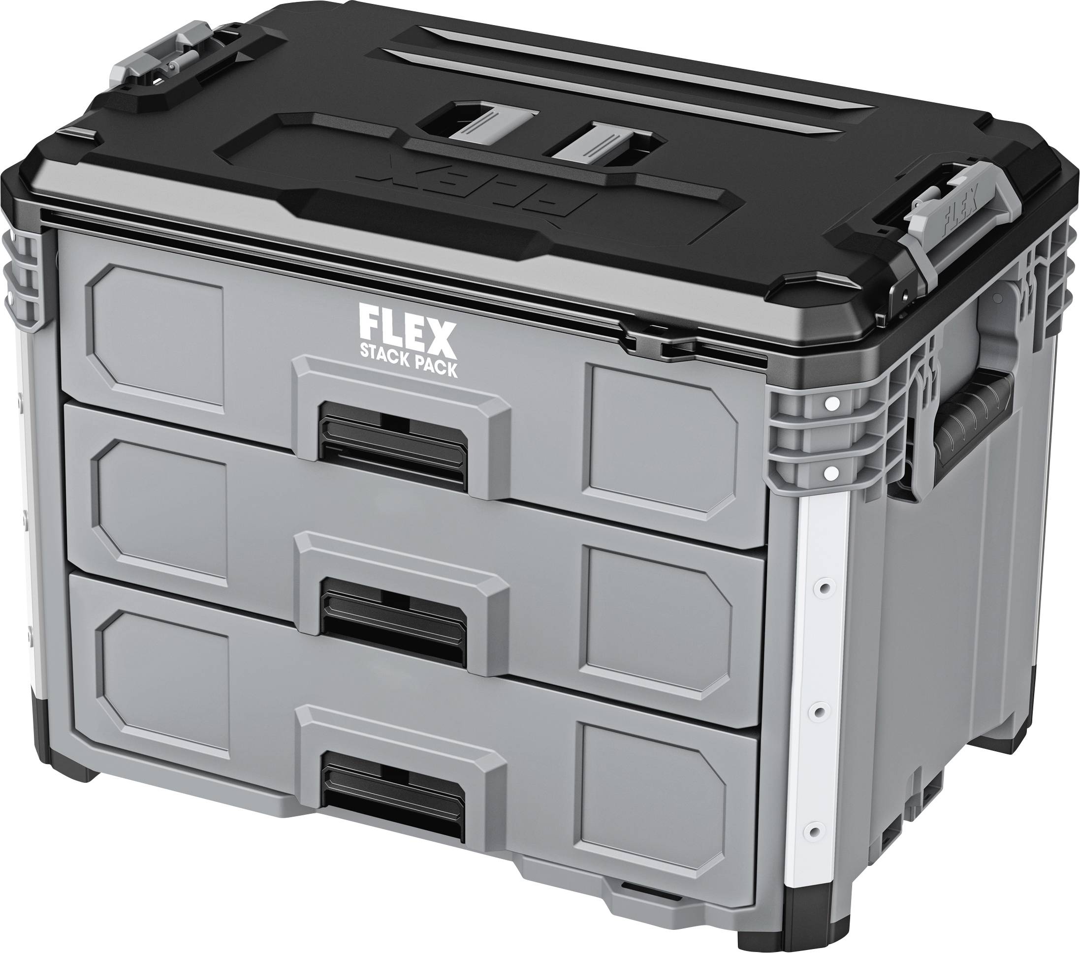 Graue FLEX Stapelbox mit drei vorderen Schubladen und schwarzem Deckel, dargestellt als tragbares Werkzeug-Organizer-Etui.